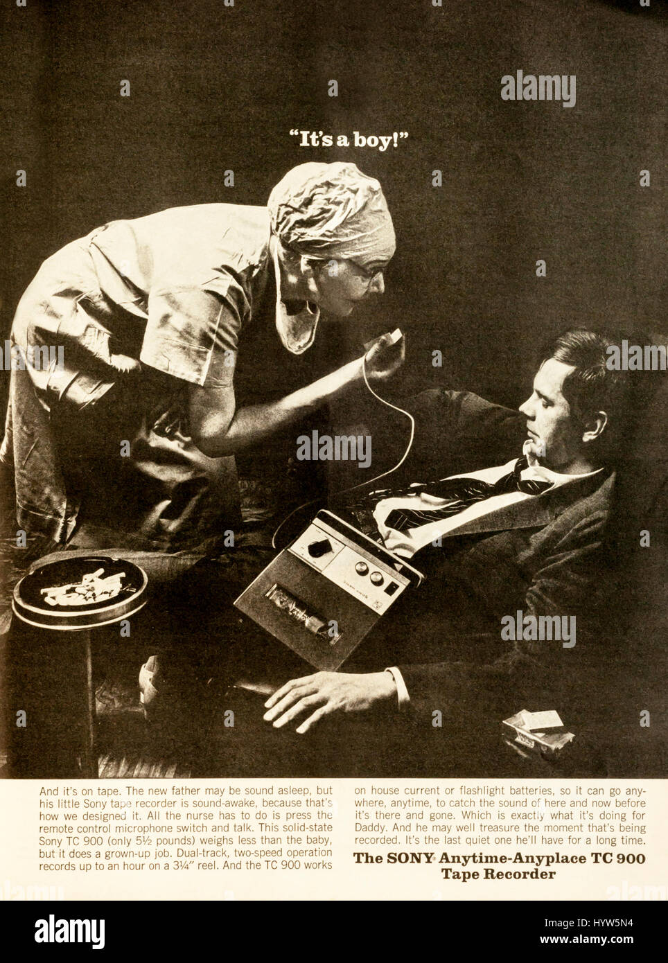 1960s magazine advertisement advertising Sony tape recorders. Stock Photo