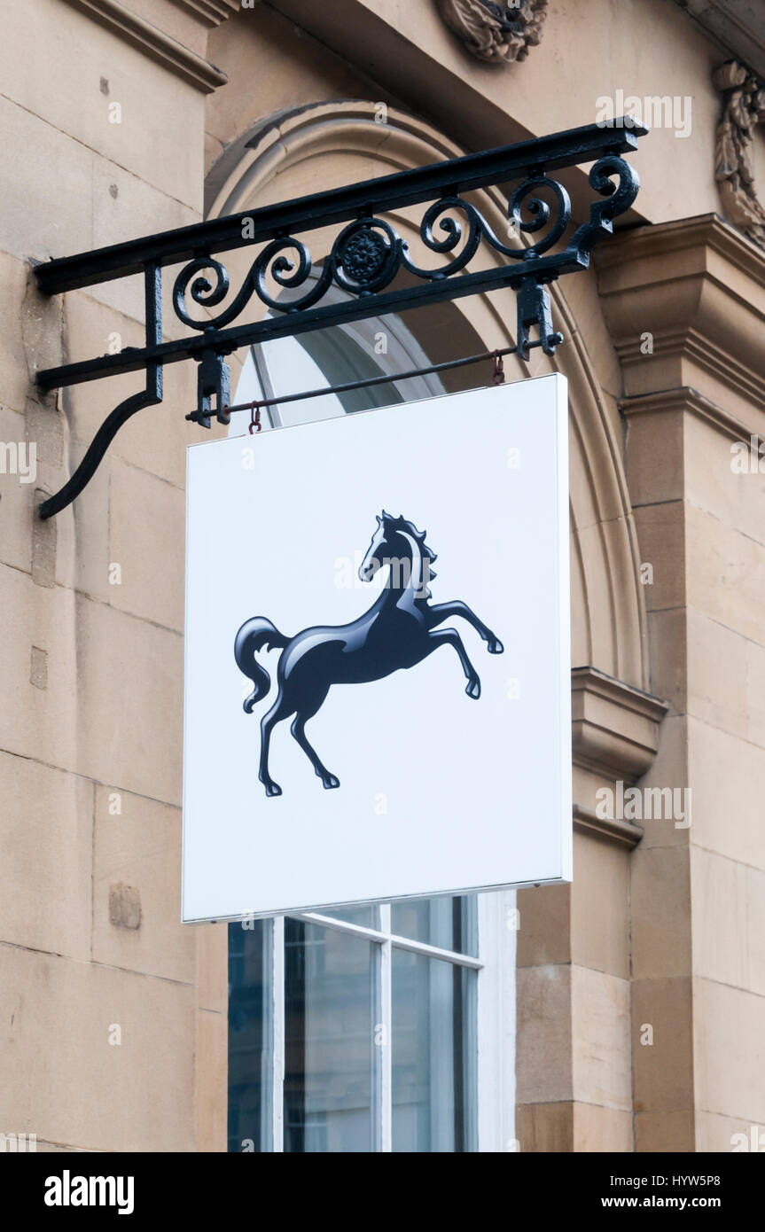 Lloyds Bank black horse sign on a High Street bank in England. Stock Photo