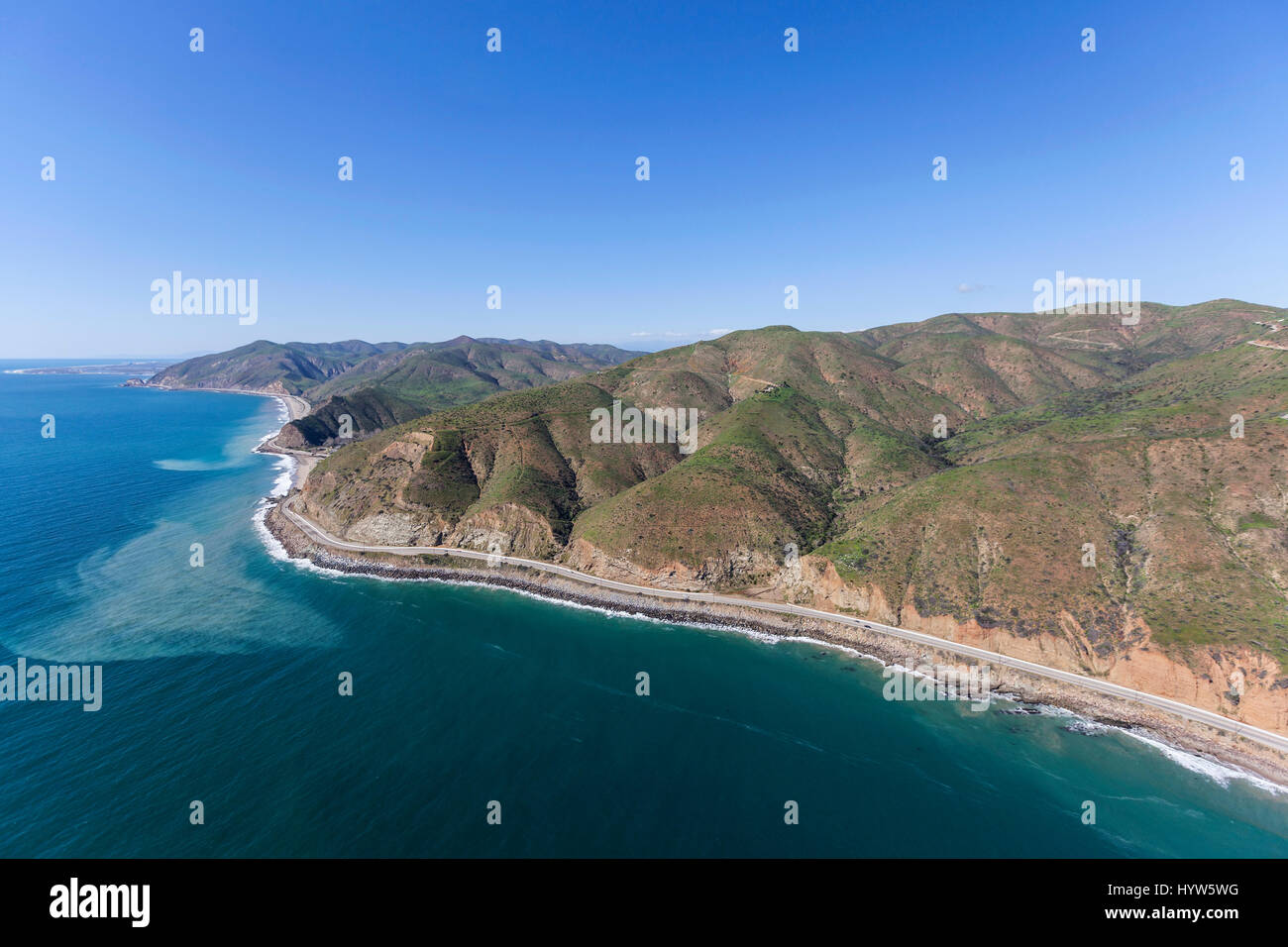 Aerial view of Pacific Coast Highway near Sycamore Cove north of Malibu California. Stock Photo