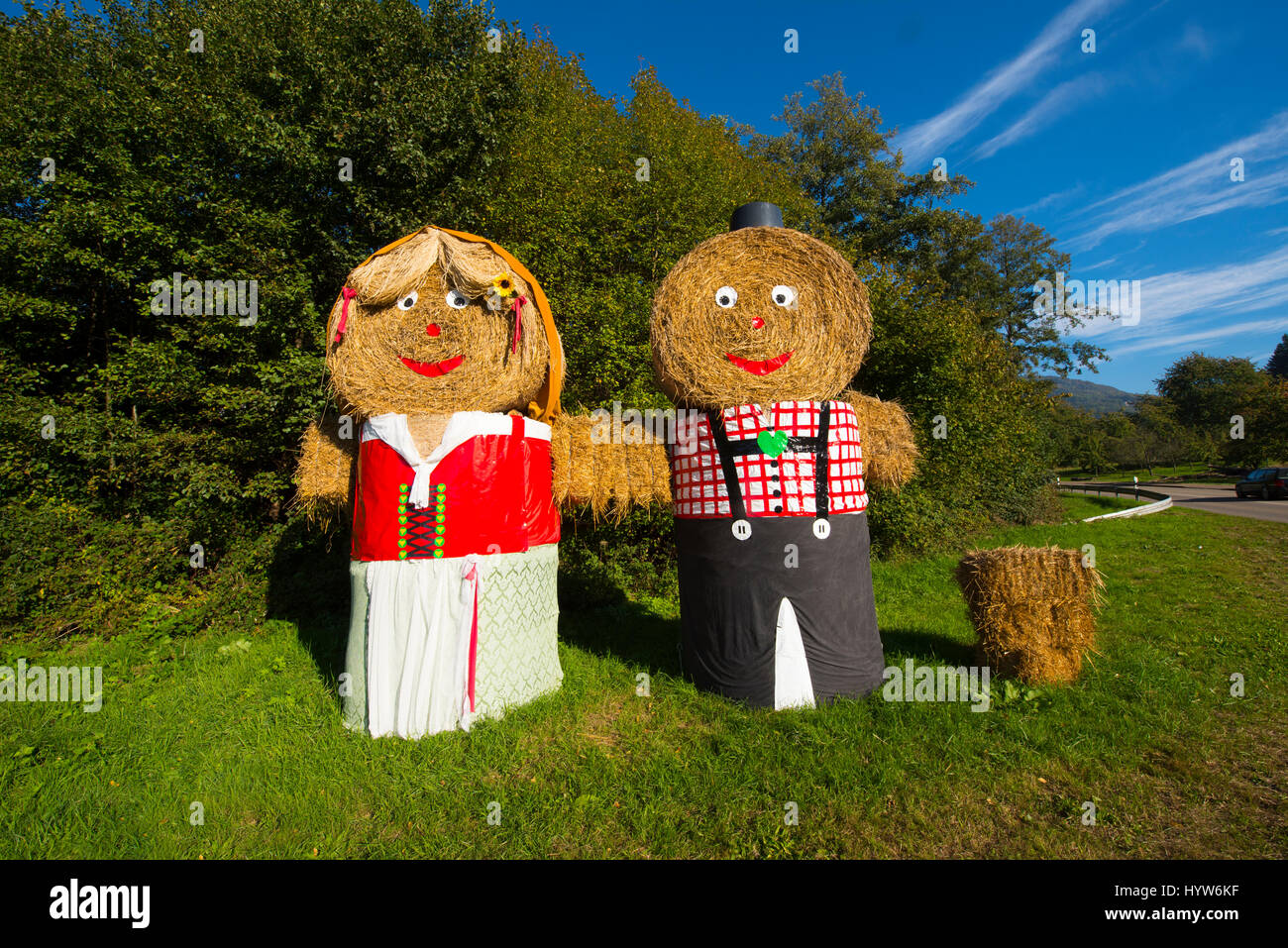 Farmer and wife as a straw doll Sasbachwalden, Black Forest, Baden-Wuerttemberg, Germany Stock Photo