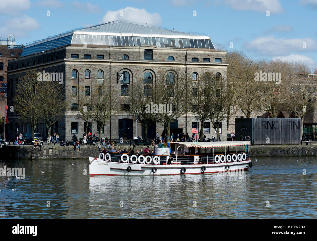 Tower Belle boat on the Floating Harbour passing the Arnolfini, Bristol