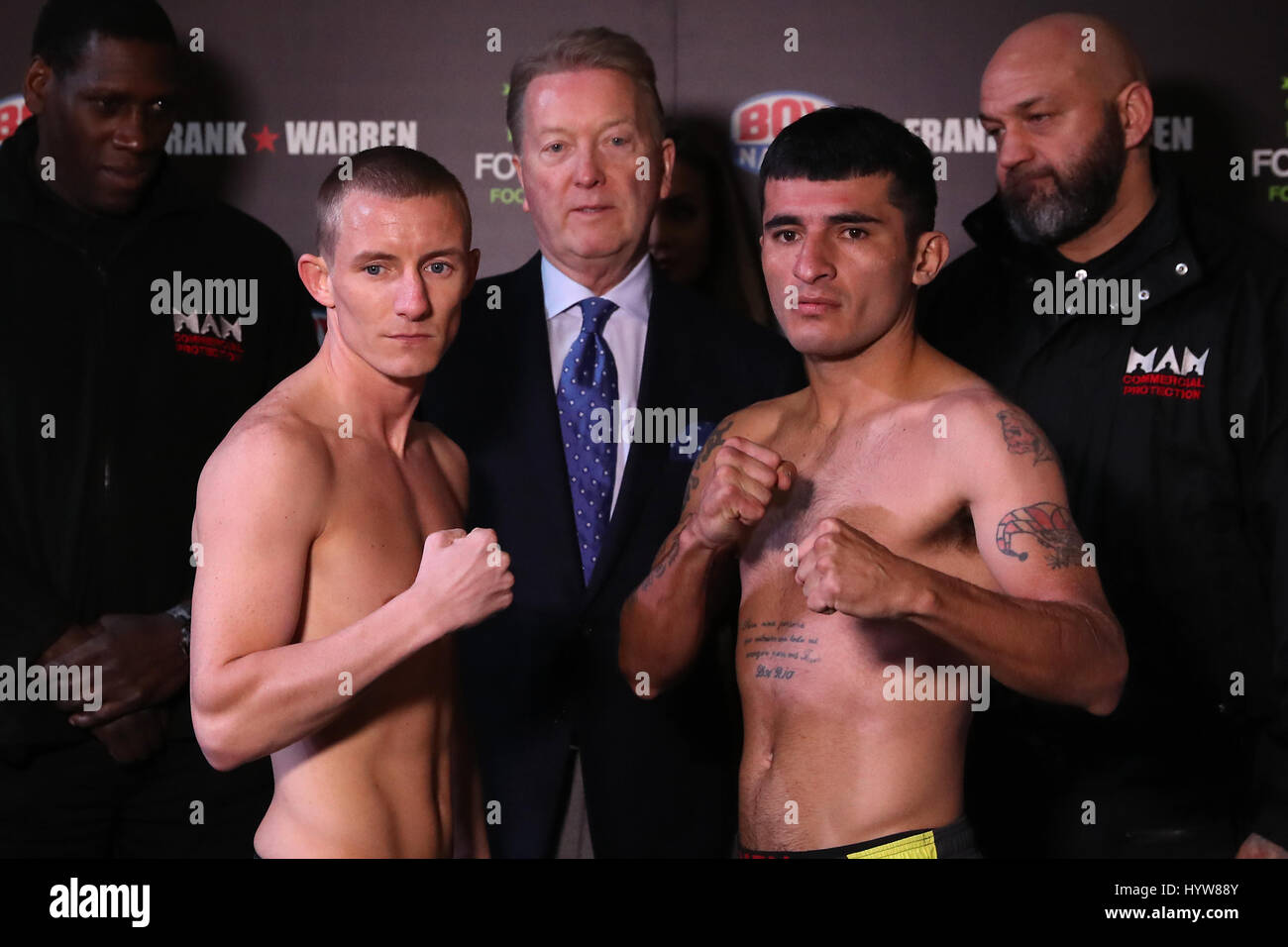 Paul Butler (left), promoter Frank Warren (centre) and Carlos Ruben Dario Ruiz during the weigh-in at The Printworks, Manchester. Stock Photo