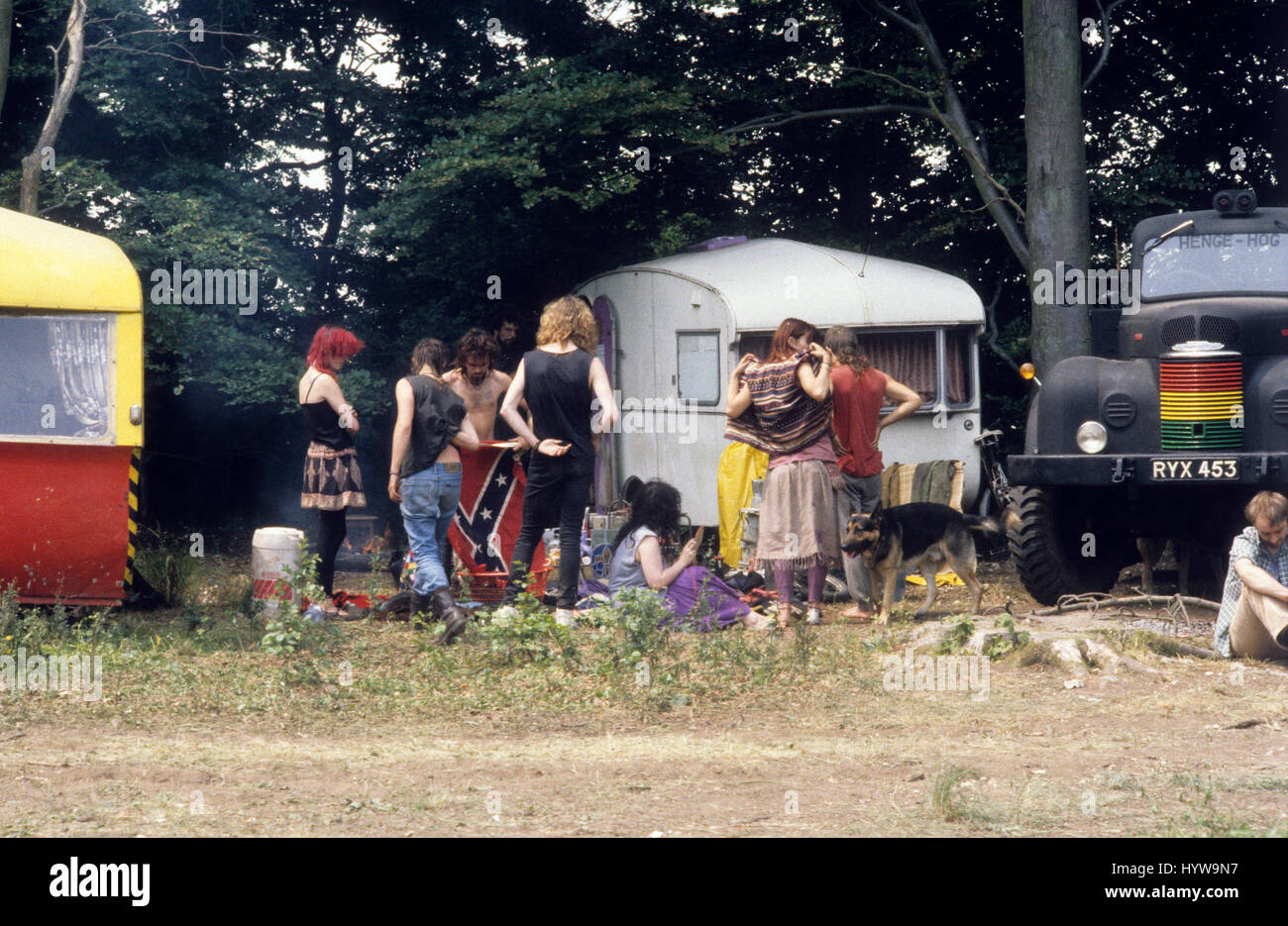 Hippies and New Age Travellers camping in woodland near Stonehenge in June 1986 Stock Photo
