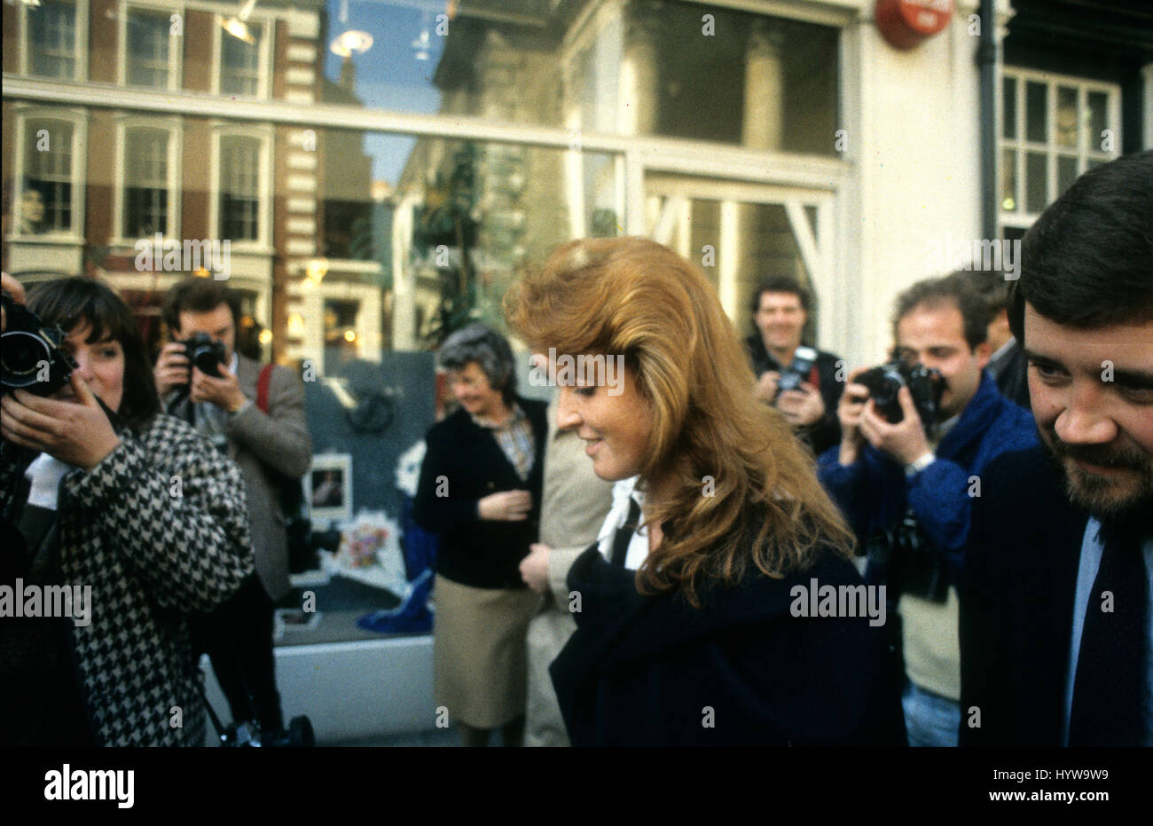 Sarah Ferguson (later Duchess of York) is surrounded by press