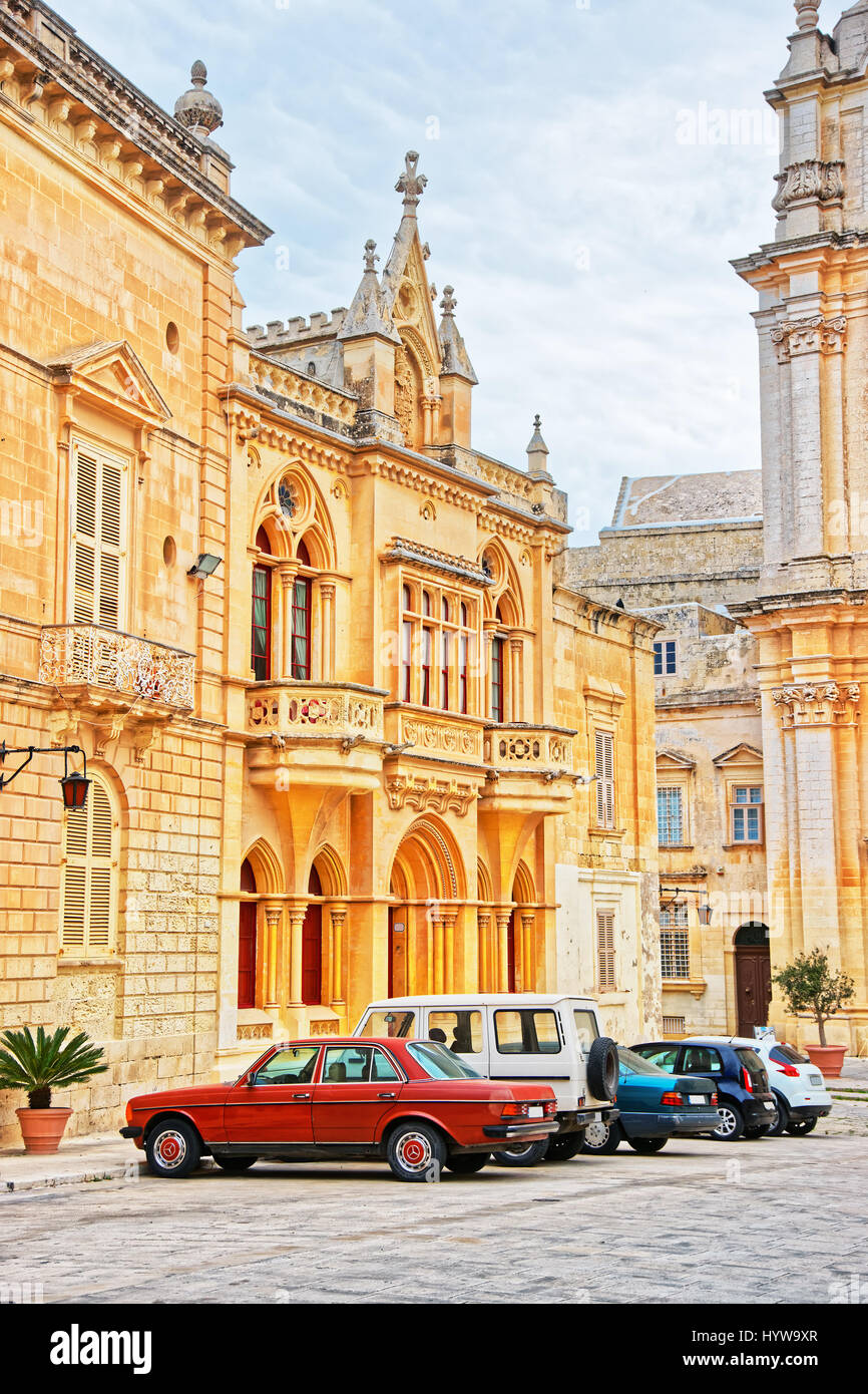 Mdina, Malta - April 4, 2014: Casa Gourgion at St Paul Cathedral Square in Mdina, Malta Stock Photo