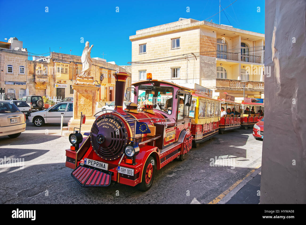 Rabat, Malta - April 4, 2014: Excursion train at St Paul Church square in Rabat, Malta Stock Photo