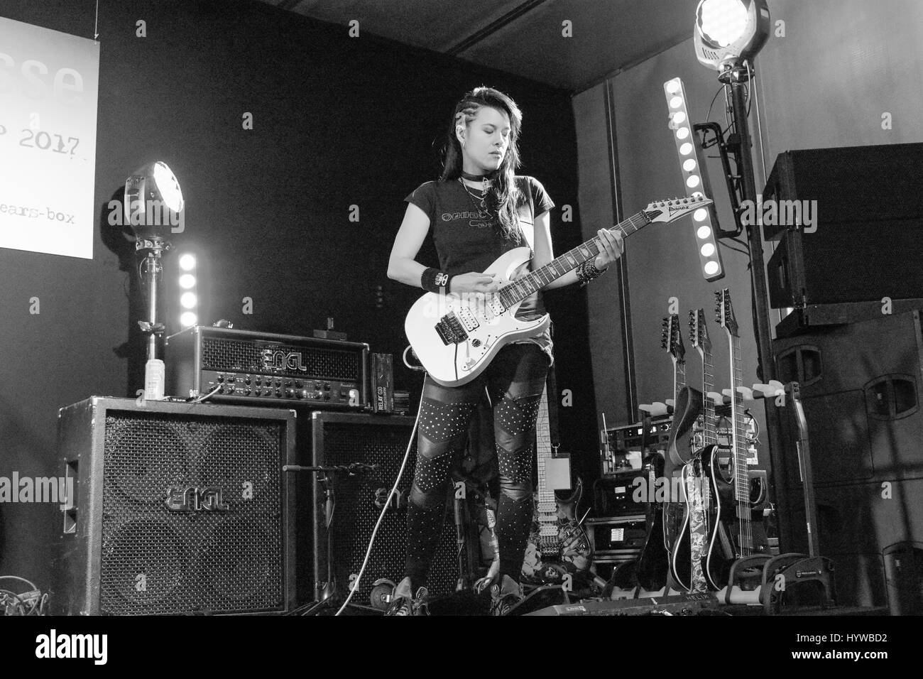 Frankfurt, Germany. 6th April 2017. Jen Majura, guitarist of the band Evanescence, preparing for her gig in the guitar camp at Musikmesse in Frankfurt, Germany Credit: Markus Wissmann/Alamy Live News Stock Photo