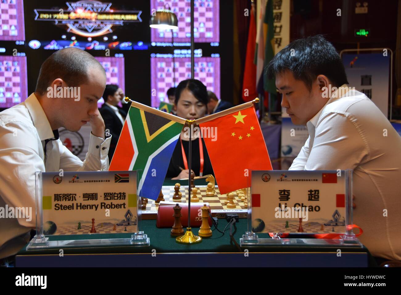 Fufeng, China's Shaanxi Province. 26th Apr, 2017. Li Chao (R) of China and Steel Henry Robert of South Africa compete during the 1st Edition of BRICS Chess Masters in Fufeng, northwest China's Shaanxi Province, April 26, 2017. Credit: Zheng Xin/Xinhua/Alamy Live News Stock Photo
