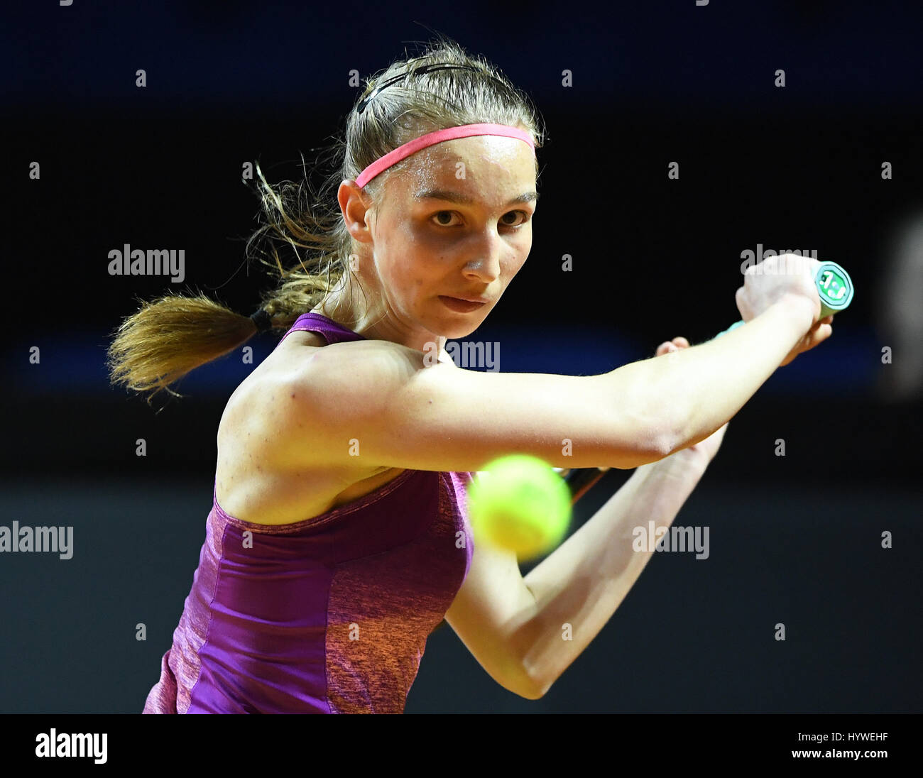 Stuttgart, Germany. 26th Apr, 2017. German tennis player Tamara Korpatsch  in action during the 1st round match between Suarez Navarro (Spain) and  Kopratsch (Germany) at the Women's Stuttgart Open ('Porsche Tennis Grand