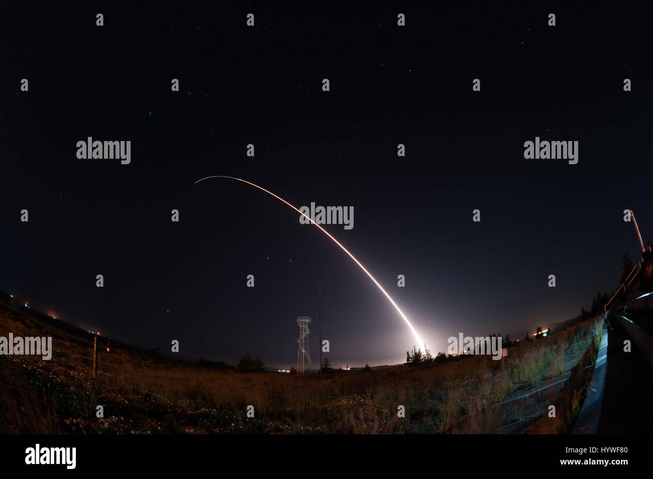 Air Force Global Strike Command Minuteman III intercontinental ballistic missile with a simulated warhead is launched during an operational test at Vandenberg Air Force Base April 26, 2017 Vandenberg, California. The test comes during increased tensions with North Korea. Credit: Planetpix/Alamy Live News Stock Photo