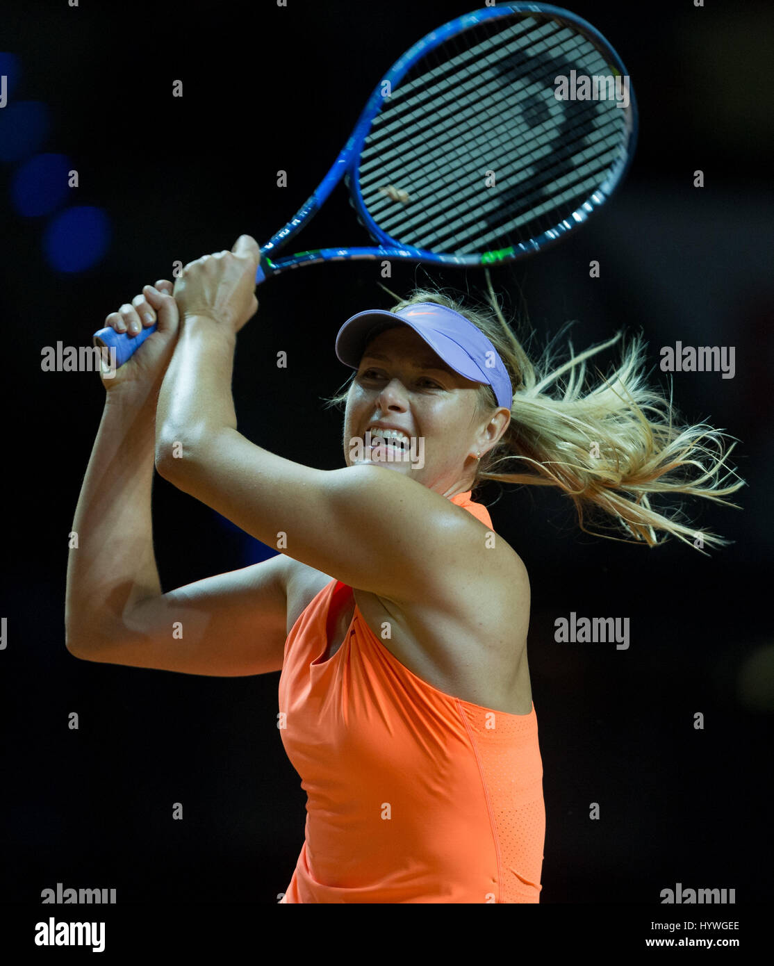 Stuttgart, Germany. 26th Apr, 2017. Maria Sharapova from Russia does a backhand strike against