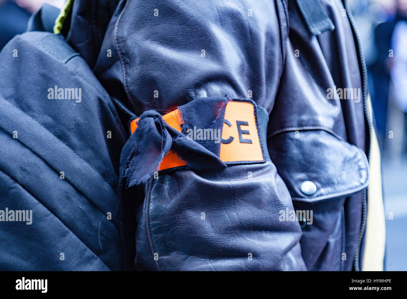 Paris, France. 26th April, 2017. Mourning band on french police badge ...