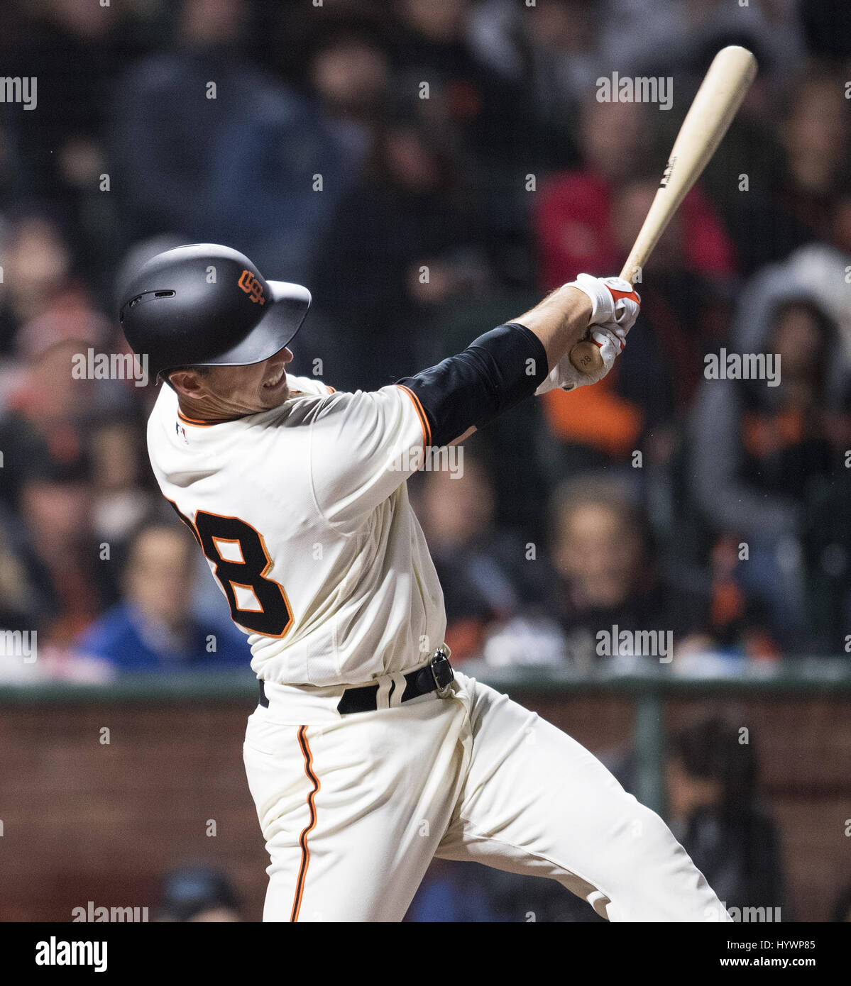 San Francisco, California, USA. 26th Apr, 2017. Teeth clenched, San Francisco Giants catcher Buster Posey (28) at the plate during a MLB baseball game between the Los Angeles Dodgers and the San Francisco Giants at AT&T Park in San Francisco, California. Valerie Shoaps/CSM/Alamy Live News Stock Photo