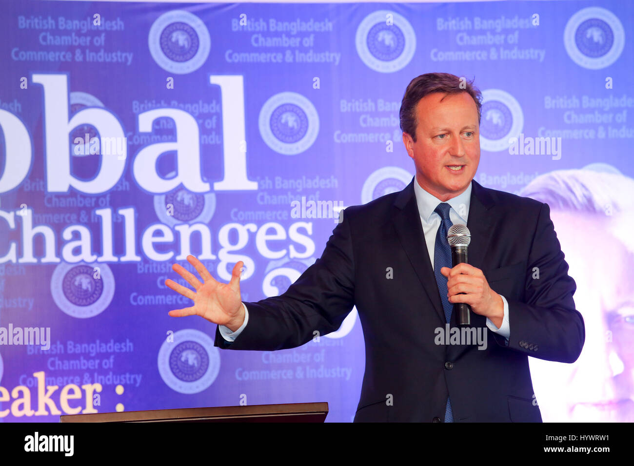 Dhaka, Bangladesh. 27th Apr, 2017. Former British Prime Minister David Cameron addresses at the `Global Challenges 2017' at a hotel in the capital on Thursday. Credit: Muhammad Mostafigur Rahman/Alamy Live News Stock Photo