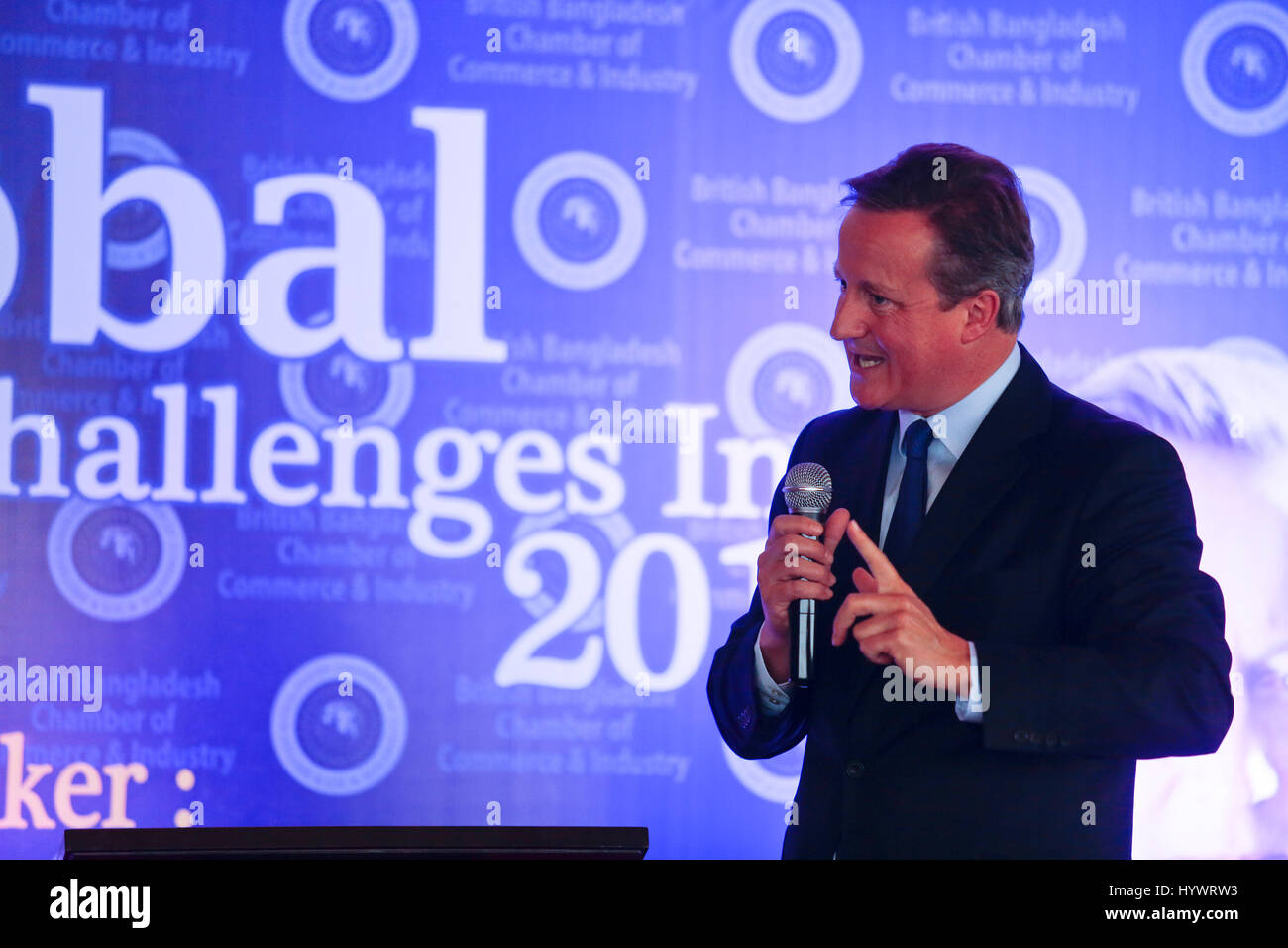 Dhaka, Bangladesh. 27th Apr, 2017. Former British Prime Minister David Cameron addresses at the `Global Challenges 2017' at a hotel in the capital on Thursday. Credit: Muhammad Mostafigur Rahman/Alamy Live News Stock Photo