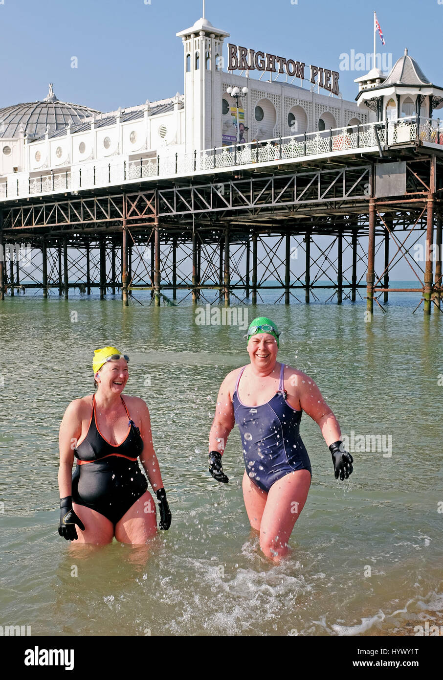 Brighton, UK. 7th Apr, 2017. Ladies from Brighton Swimming Club enjoy the beautiful sunshine early this morning after their daily dip with temperatures forecast to reach over 20 degrees celsius on Sunday when the Brighton Marathon is being held in the city Credit: Simon Dack/Alamy Live News Stock Photo