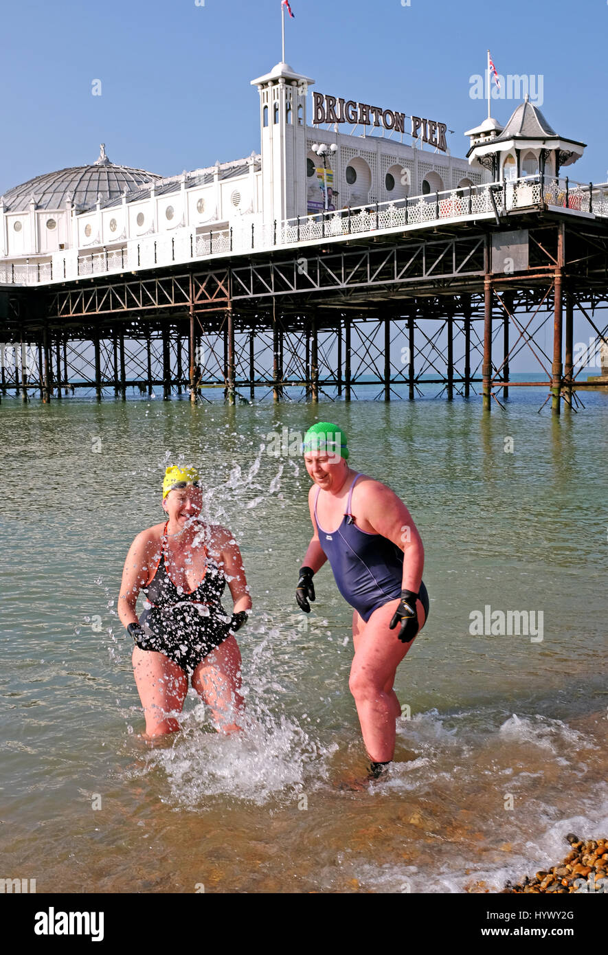 Brighton, UK. 7th Apr, 2017. Ladies from Brighton Swimming Club enjoy the beautiful sunshine early this morning after their daily dip with temperatures forecast to reach over 20 degrees celsius on Sunday when the Brighton Marathon is being held in the city Credit: Simon Dack/Alamy Live News Stock Photo
