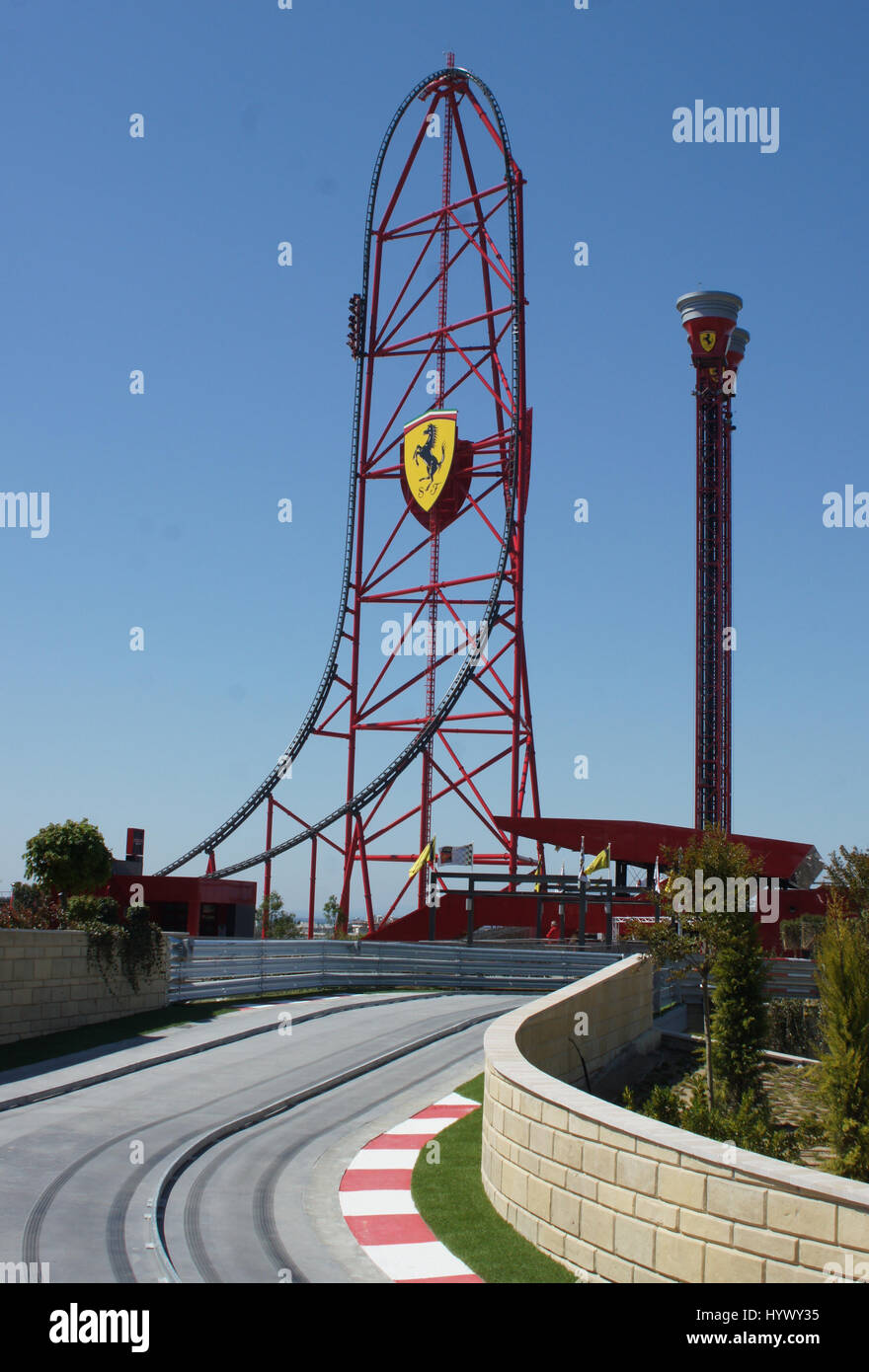 Vila Seca, Spain. 6th Apr, 2017. "Red Force", the highest and fastest  vertical roller coaster of Europe can be seen at the new amusement park  "Ferrari Land" in Vila Seca, Spain, 6