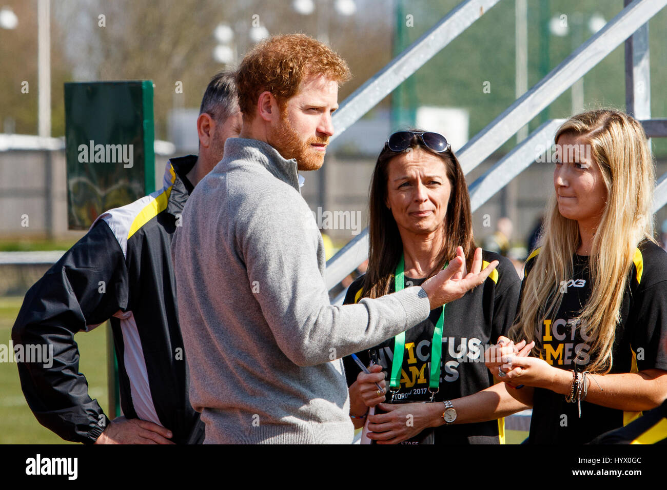 Bath, UK. 7th Apr, 2017. Prince Harry is pictured at the University of Bath Sports Training Village as he attends the UK team trials for the 2017 Invictus Games. The games are a sporting event for injured active duty and veteran service members, more than 550 competitors from 17 nations will compete in a dozen adaptive sports in Toronto, Canada in September 2017. Credit: lynchpics/Alamy Live News Stock Photo