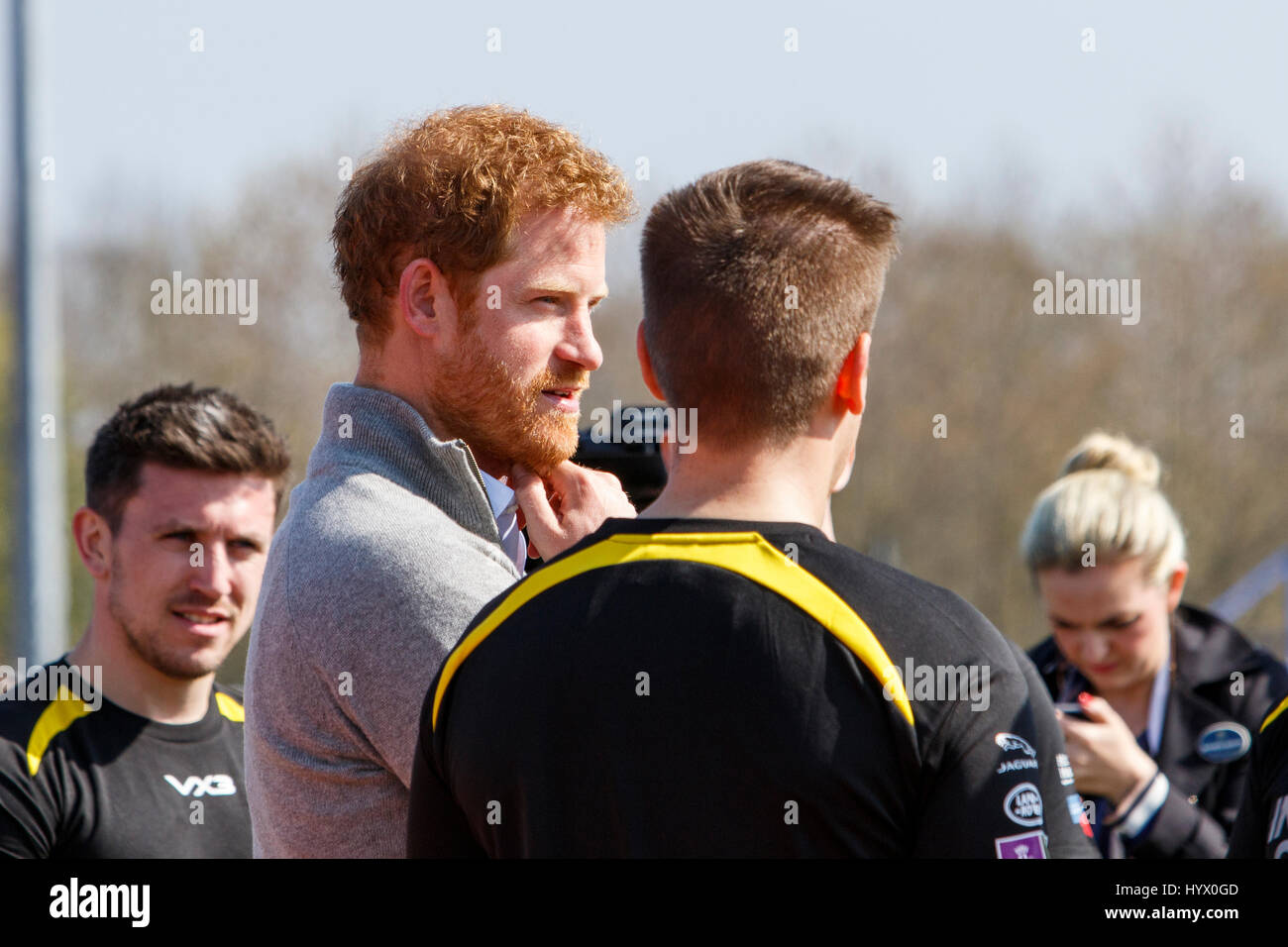 Bath, UK, 7th April, 2017. Prince Harry is pictured talking to Athlete's at the University of Bath Sports Training Village during his visit to the UK team trials for the 2017 Invictus Games. The games are a sporting event for injured active duty and veteran service members,more than 550 competitors from 17 nations will compete in a dozen adaptive sports in Toronto,Canada in September 2017. Credit: lynchpics/Alamy Live News Stock Photo