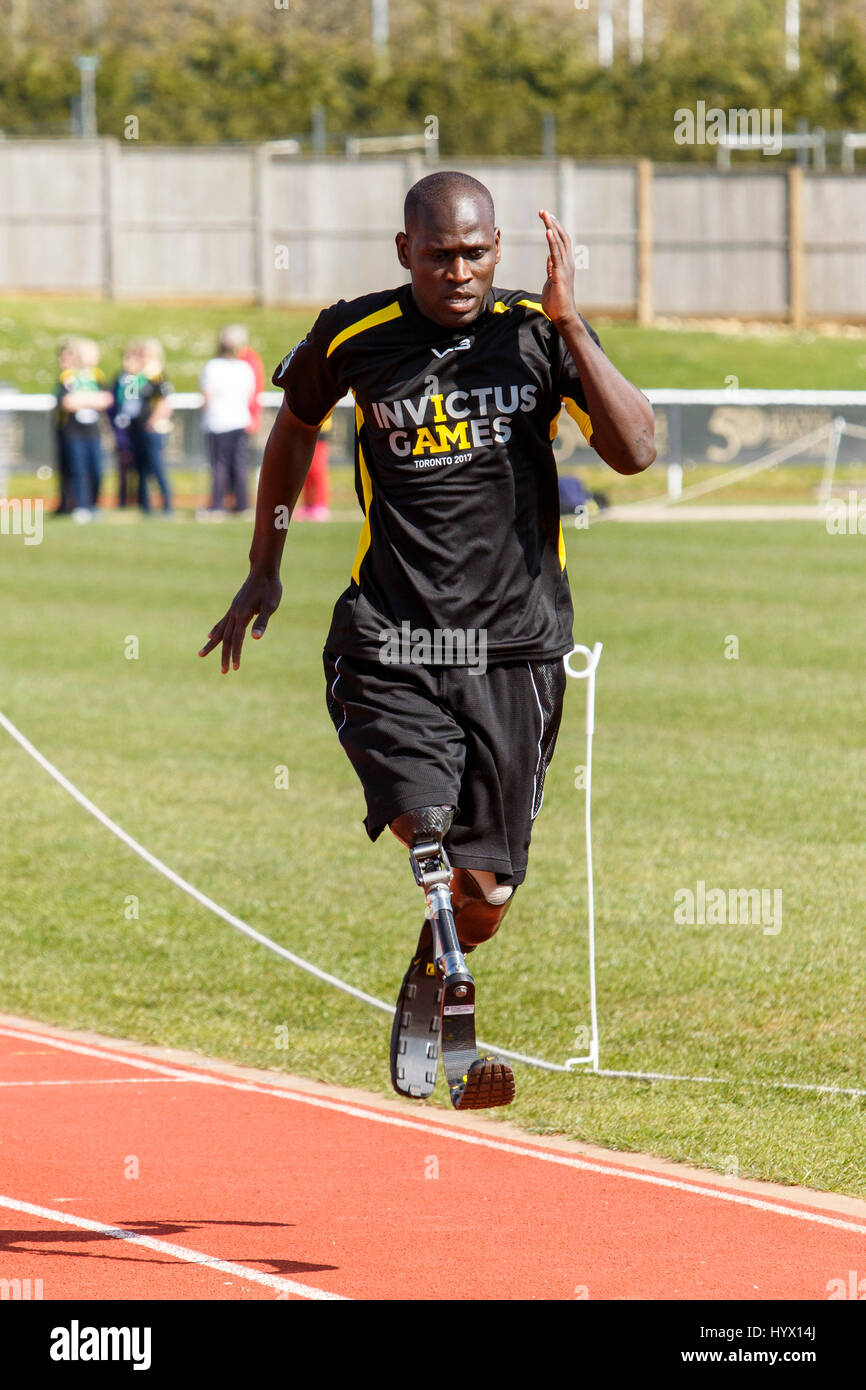 Bath, UK. 7th Apr, 2017. A competitor is pictured at the University of Bath Sports Training Village as he takes part in the UK team trials for the 2017 Invictus Games. The games are a sporting event for injured active duty and veteran service members, more than 550 competitors from 17 nations will compete in a dozen adaptive sports in Toronto, Canada in September 2017. Credit: lynchpics/Alamy Live News Stock Photo