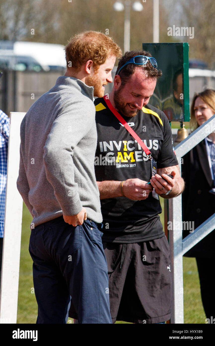 Bath, UK. 7th Apr, 2017. Prince Harry is pictured at the University of Bath Sports Training Village as he attends the UK team trials for the 2017 Invictus Games. The games are a sporting event for injured active duty and veteran service members, more than 550 competitors from 17 nations will compete in a dozen adaptive sports in Toronto, Canada in September 2017. Credit: lynchpics/Alamy Live News Stock Photo