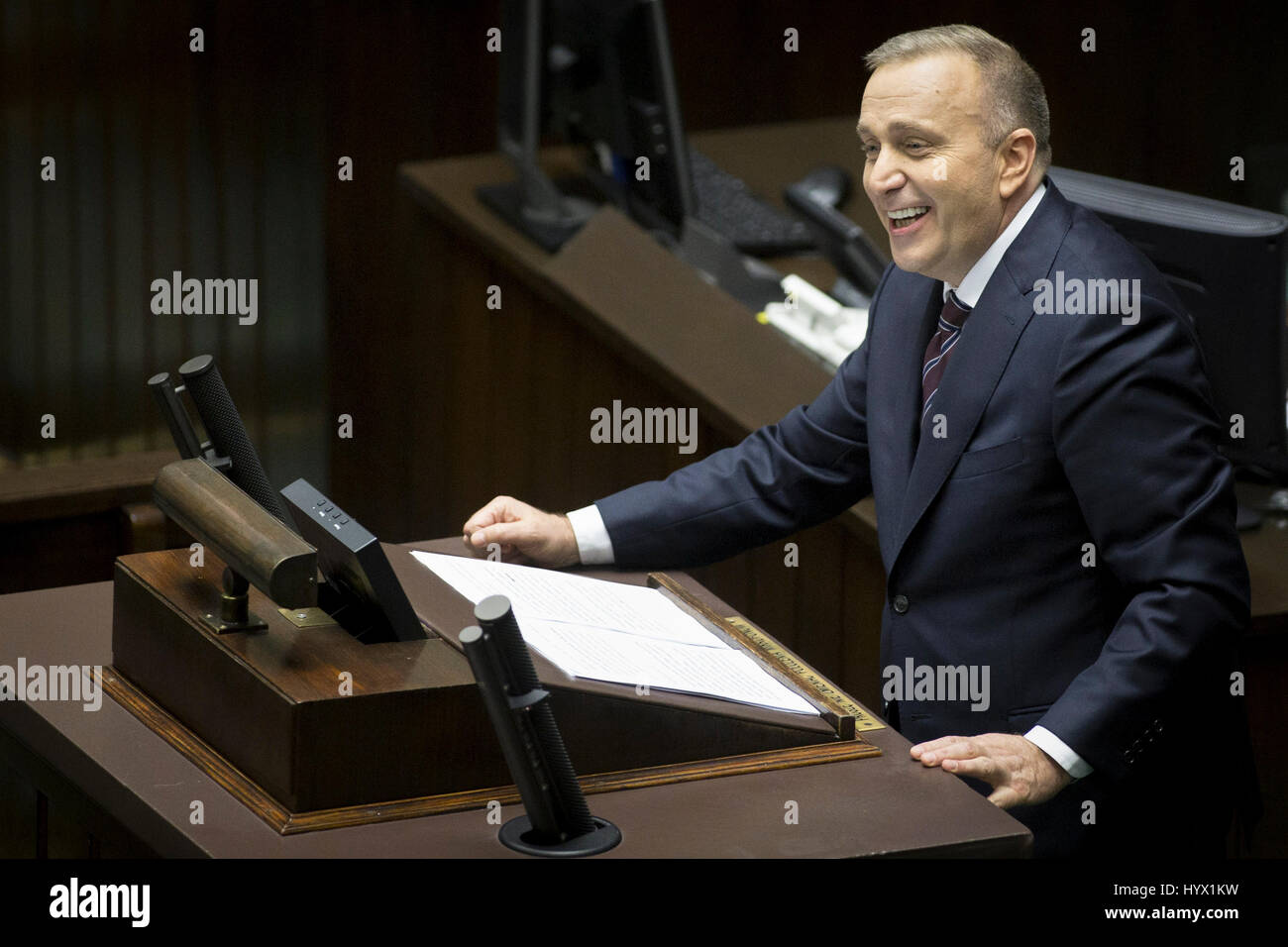 Warsaw, Poland. 07th Apr, 2017. Civic Platform leader Grzegorz Schetyna Members of Parliament vote againsts the constructive vote of no confidence for Beata Szydlo's government filed by the Civic Platform (PO) in Sejm on April 7, 2017 in Warsaw, Poland. Credit: East News sp. z o.o./Alamy Live News Stock Photo