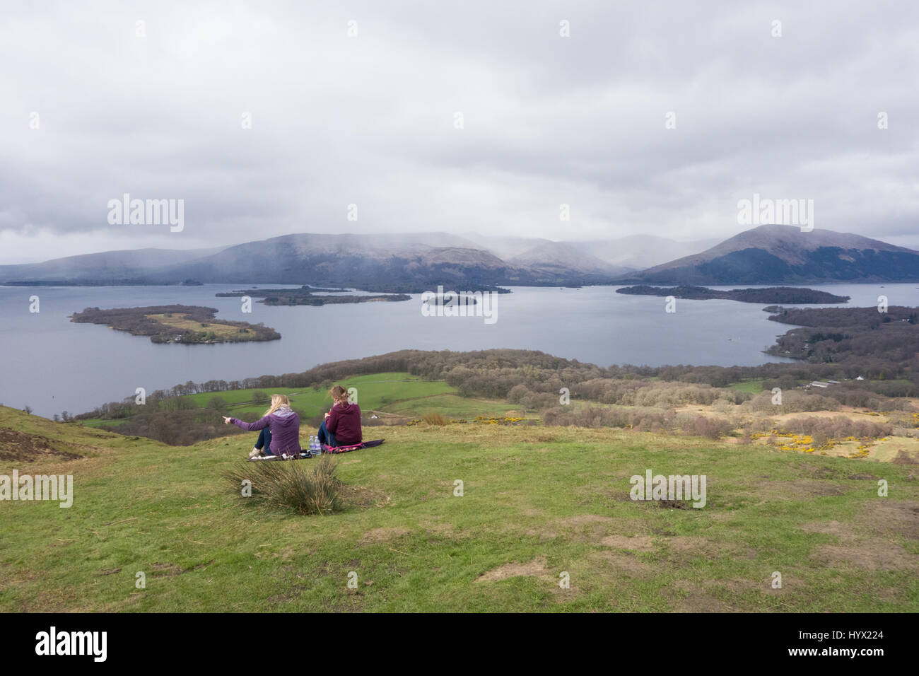 Conic Hill, Balmaha, Loch Lomond, Scotland, UK. 7th Apr, 2017. UK weather - a beautifully atmospheric view of Loch Lomond on a cloudy but dry day on Conic Hill Credit: Kay Roxby/Alamy Live News Stock Photo