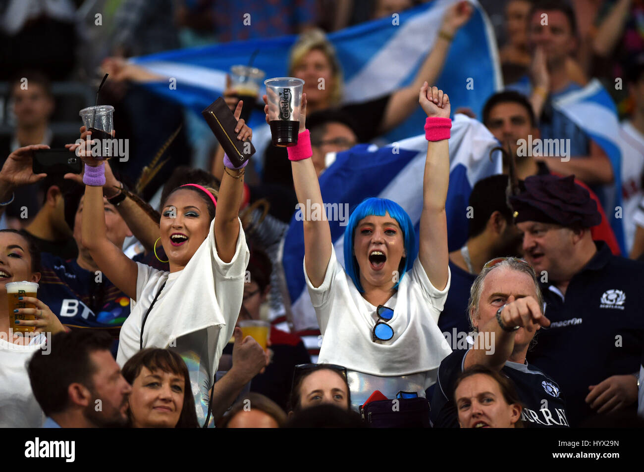 Hong Kong, China. 7th Apr, 2017. Supporters cheer for the team during the HSBC World Rugby Sevens Series 2016-2017 match in Hong Kong, south China, April 7, 2017. Credit: Lo Ping Fai/Xinhua/Alamy Live News Stock Photo