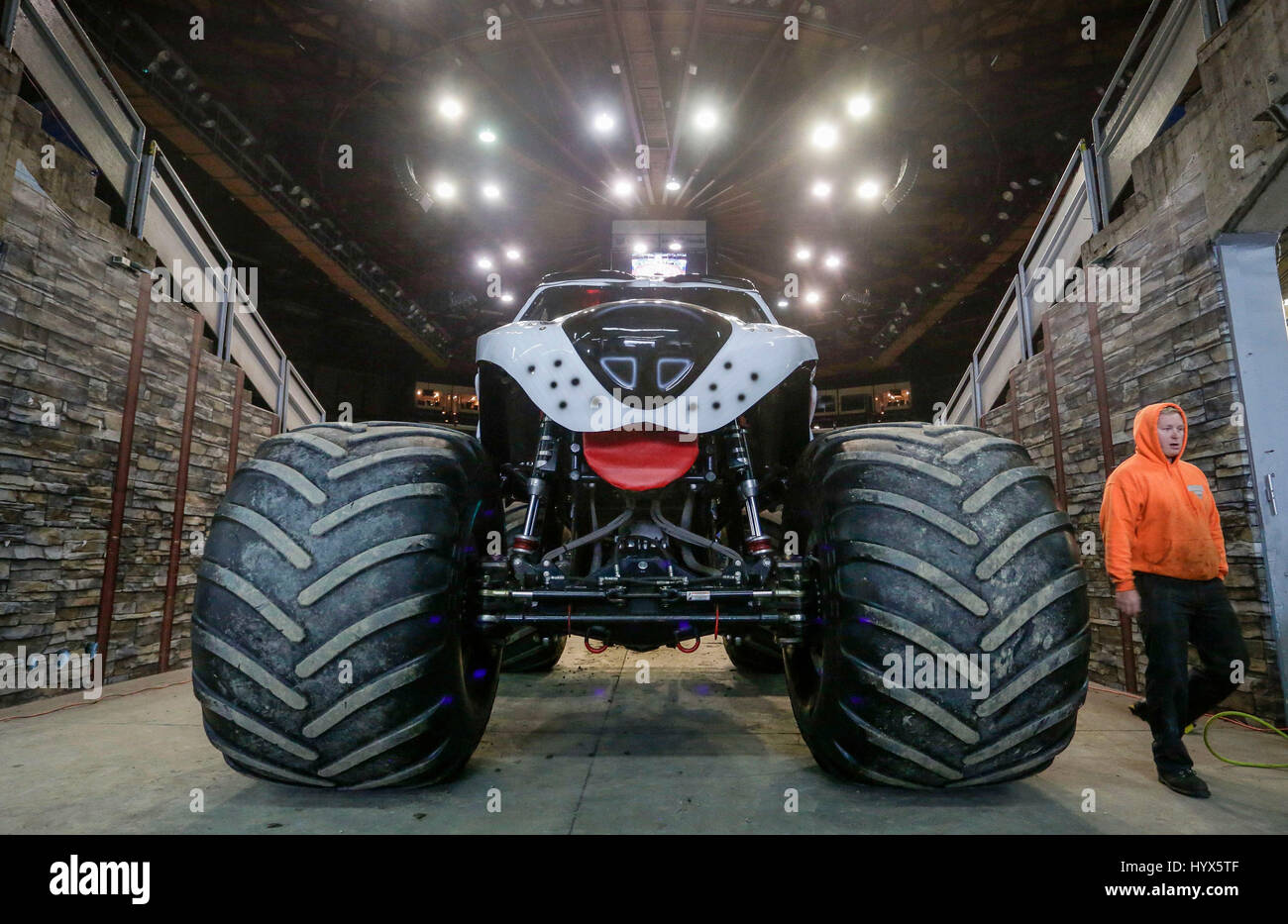 Vancouver, Canada. 7th Apr, 2017. A resident visits a monster truck on the race track during the