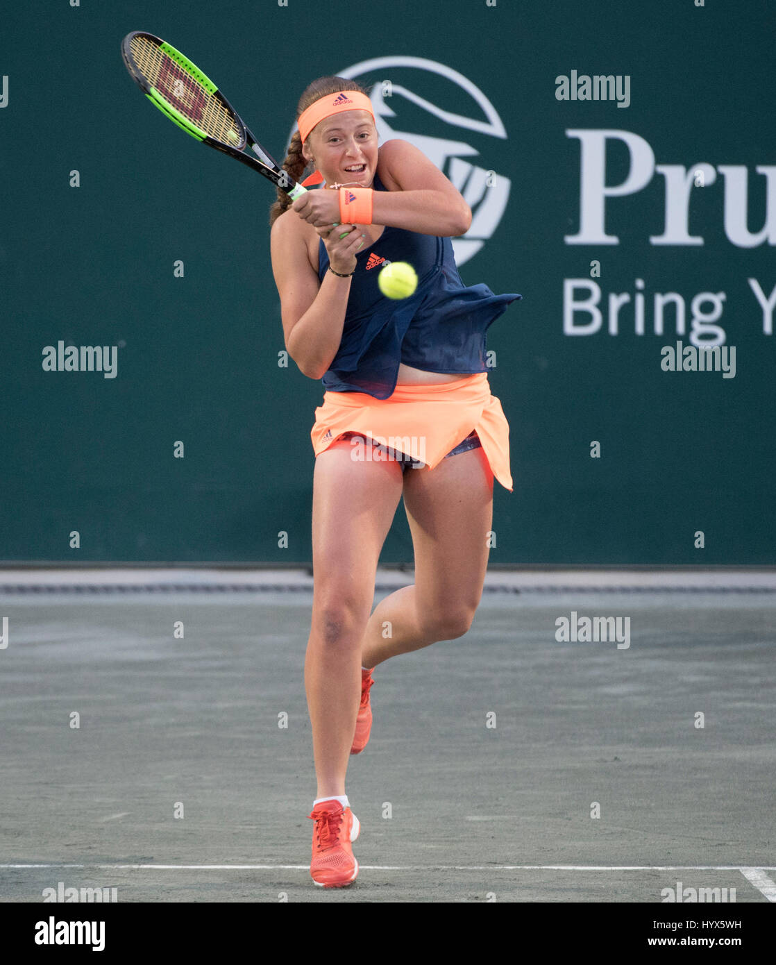 Charleston, South Carolina, USA. 7th Apr, 2017. Jelena Ostapenko (LAT)  defeated Caroline Wozniacki (DEN) 6-2, 6-4, at the Volvo Car Open being  played at Family Circle Tennis Center in Charleston, South Carolina. ©