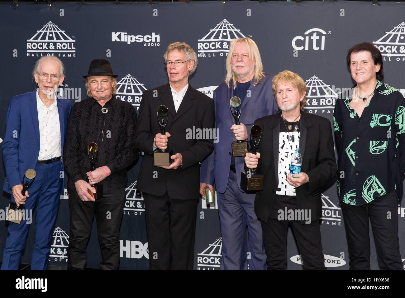 Brooklyn, New York, USA. 7th Apr, 2017. STEVE HOWE, ALAN WHITE, TONY KAYE, RICK WAKEMAN, JON ANDERSON and TREVOR RABIN of Yes walk the red carpet at Barclay's Center during the Hall of Fame Induction ceremony in Brooklyn, New York Credit: Daniel DeSlover/ZUMA Wire/Alamy Live News Stock Photo