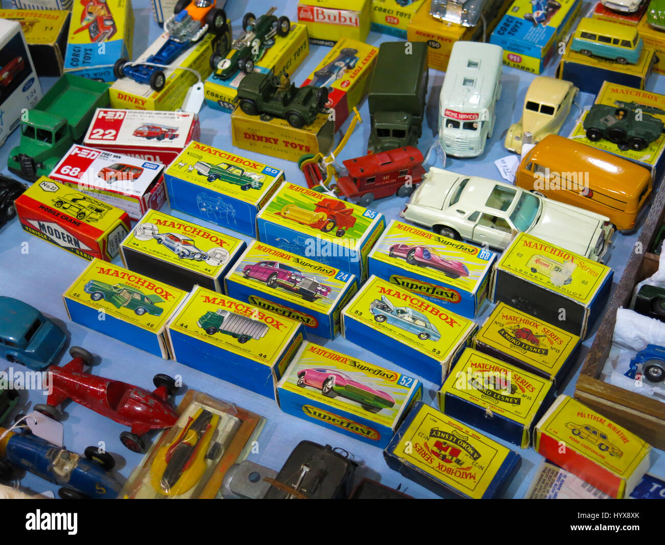 A selection of rare and collectable Matchbox toy cars and lorries for sale at a Vintage Toy Fair at Bath & West Showground, Somerset, England Stock Photo