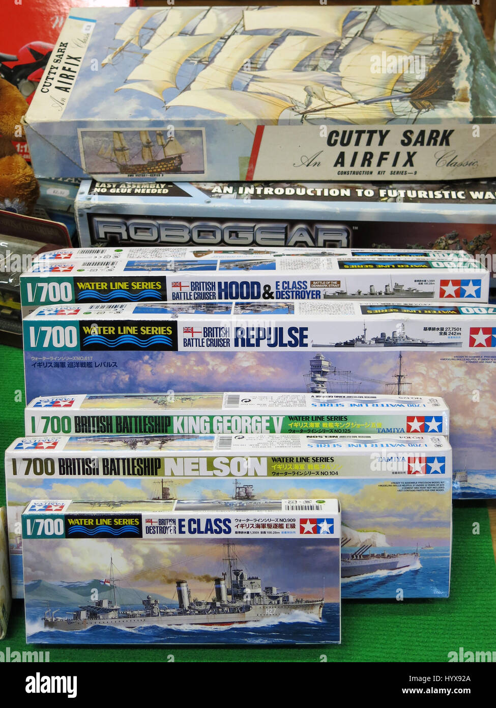 A small selection of various Airfix plastic fighting ships model kits for sale at a Vintage Toy Fair at Bath & West Showground, Somerset, England Stock Photo