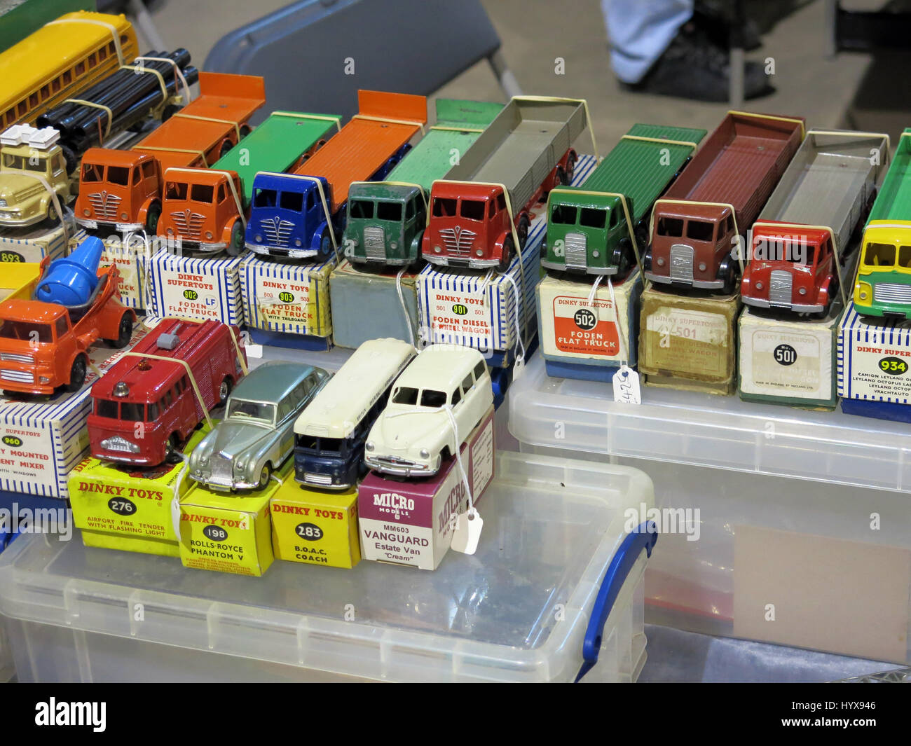 A selection of rare and collectable Dinky toy cars and lorries for sale at a Vintage Toy Fair at Bath & West Showground, Somerset, England Stock Photo