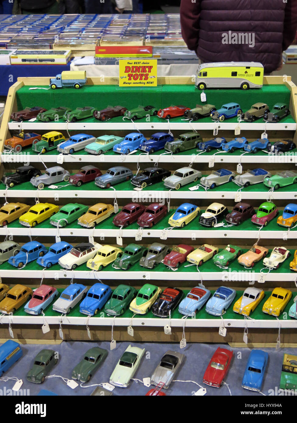 A selection of rare and collectable Dinky toy cars and lorries for sale at a Vintage Toy Fair at Bath & West Showground, Somerset, England Stock Photo