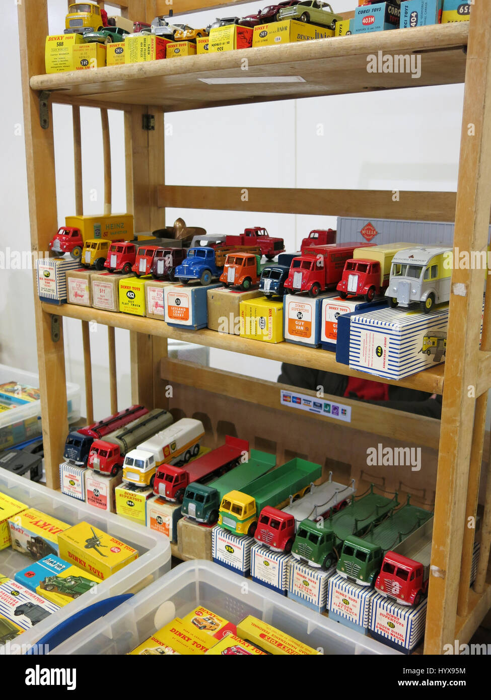 A selection of rare and collectable Dinky toy cars and lorries for sale at a Vintage Toy Fair at Bath & West Showground, Somerset, England Stock Photo