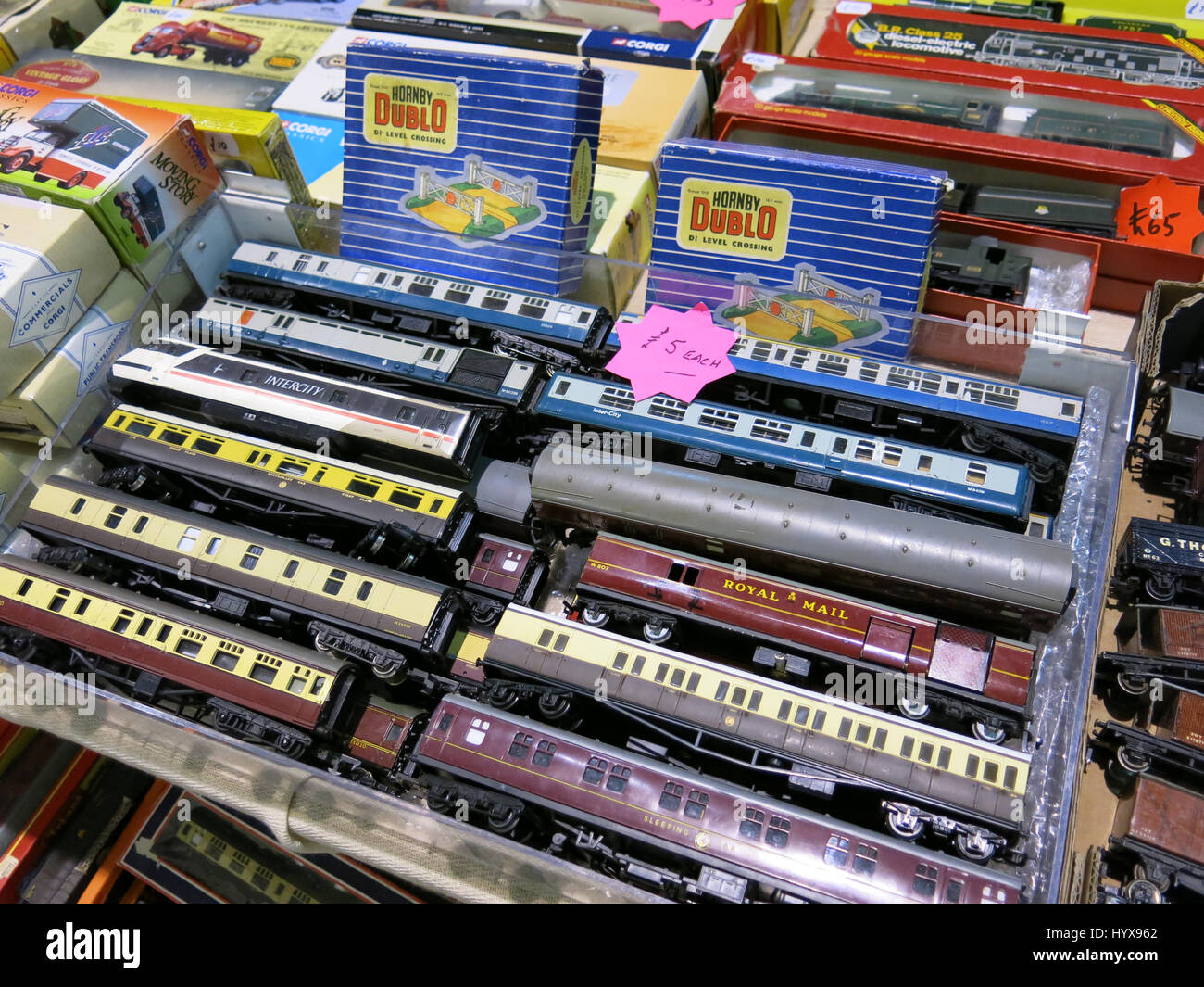 Assorted model railway carriages and wagons at a Vintage Toy Fair at Bath & West Showground, Somerset, England Stock Photo