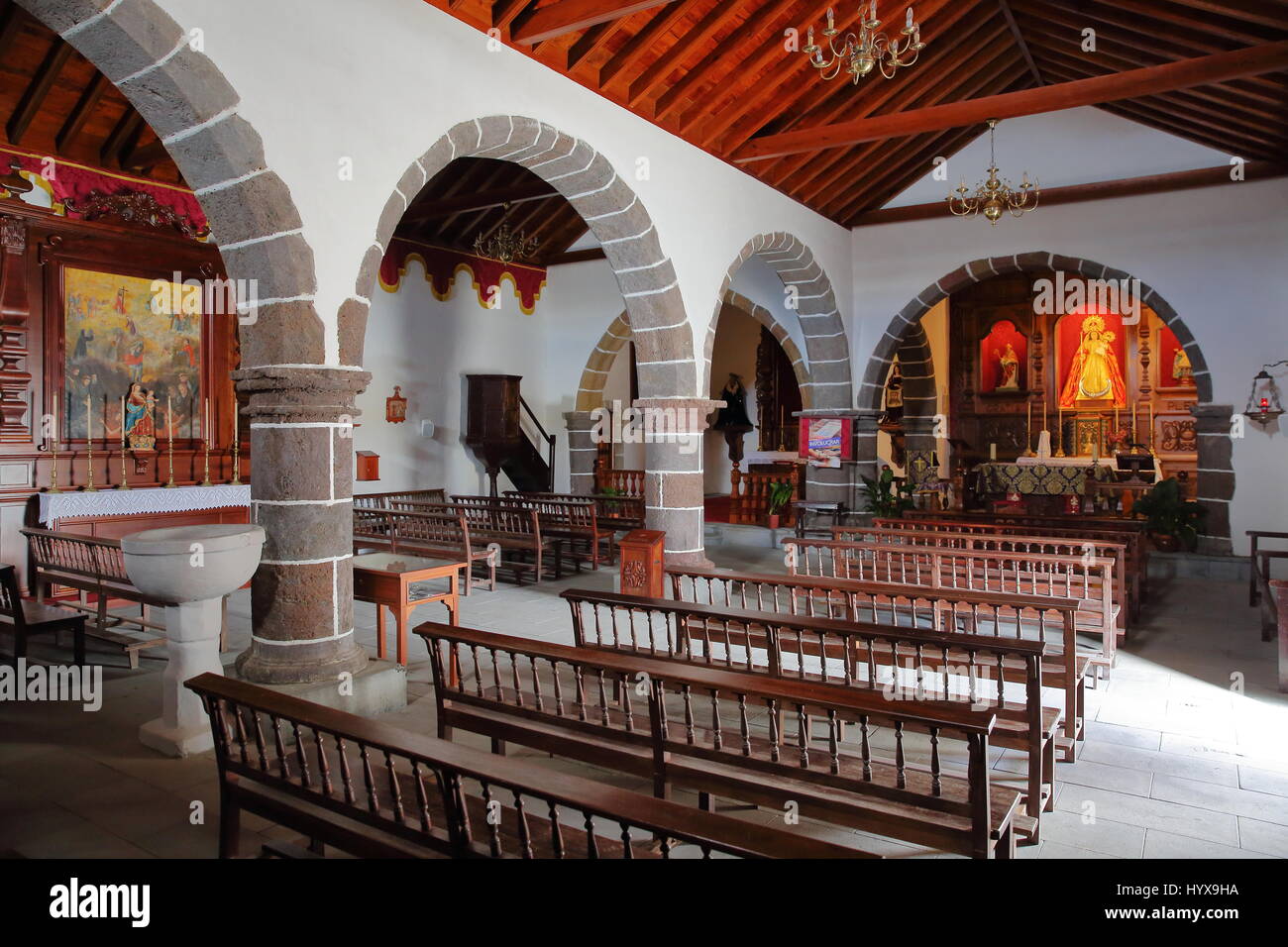 CHIPUDE, LA GOMERA, SPAIN - MARCH 24, 2017: The interior of the church of Chipude (la Iglesia de la Virgen de la Candelaria) Stock Photo
