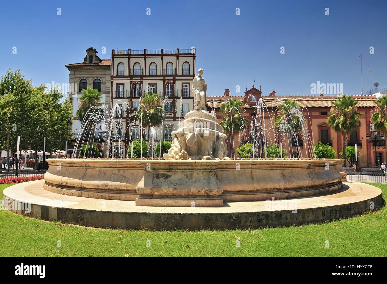 Fuente de Sevilla fountain at the Puerta de Jerez square in Seville ...