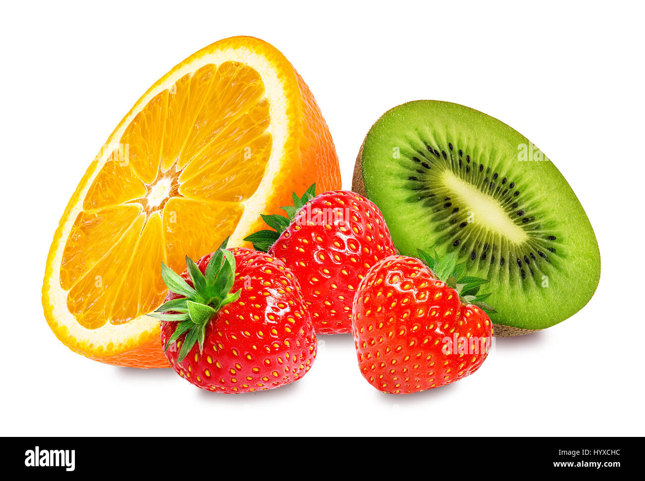 Strawberry,orange and kiwi fruit isolated on white background Stock