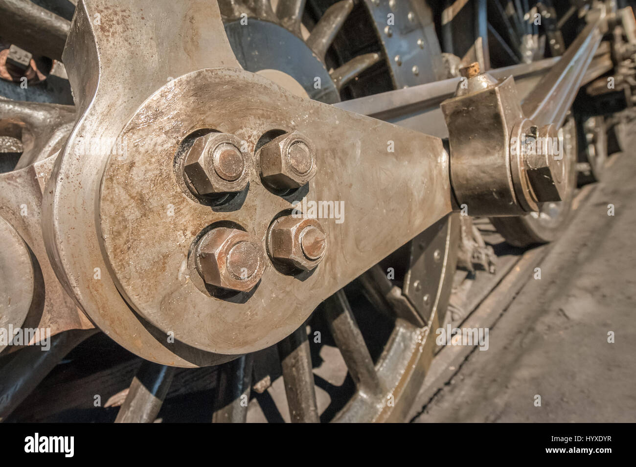 wheels and coupling rods on a vintage steam train Stock