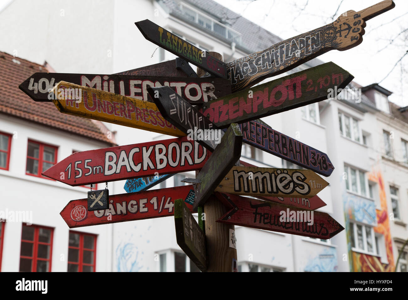 Signs point to various attractions of Hamburg, Germany. They include