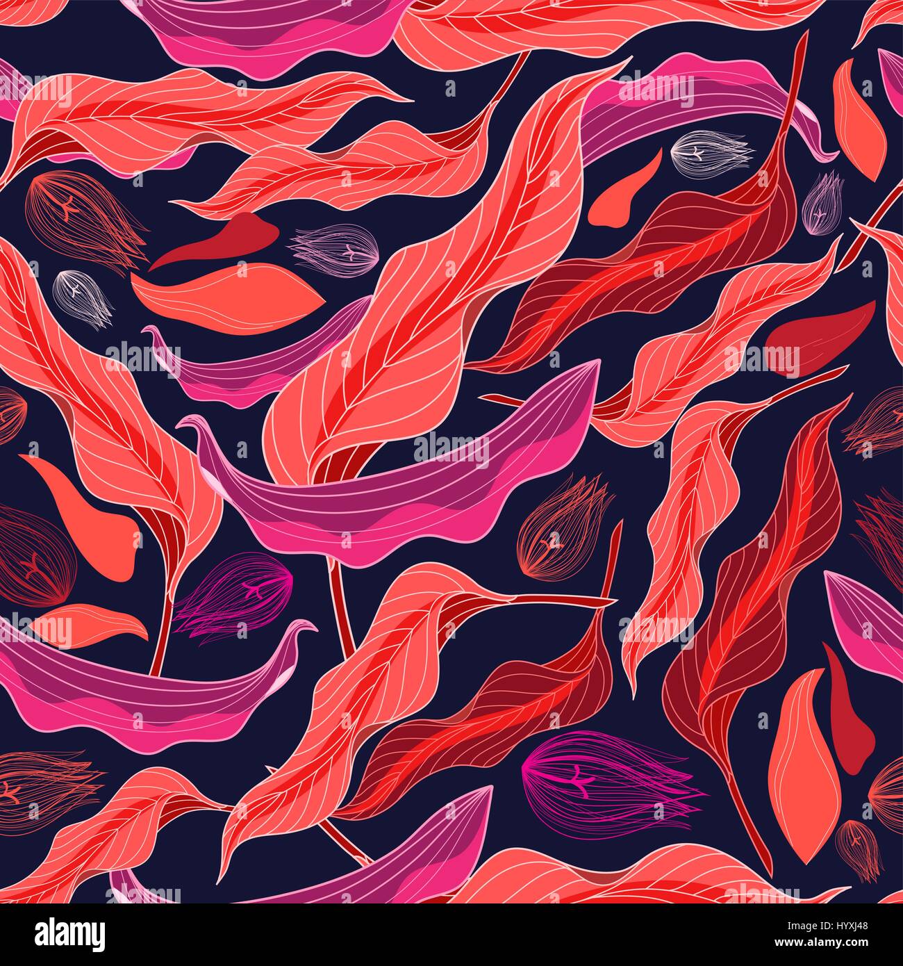 Graphic pattern of red leaves on a dark background Stock Vector Image ...