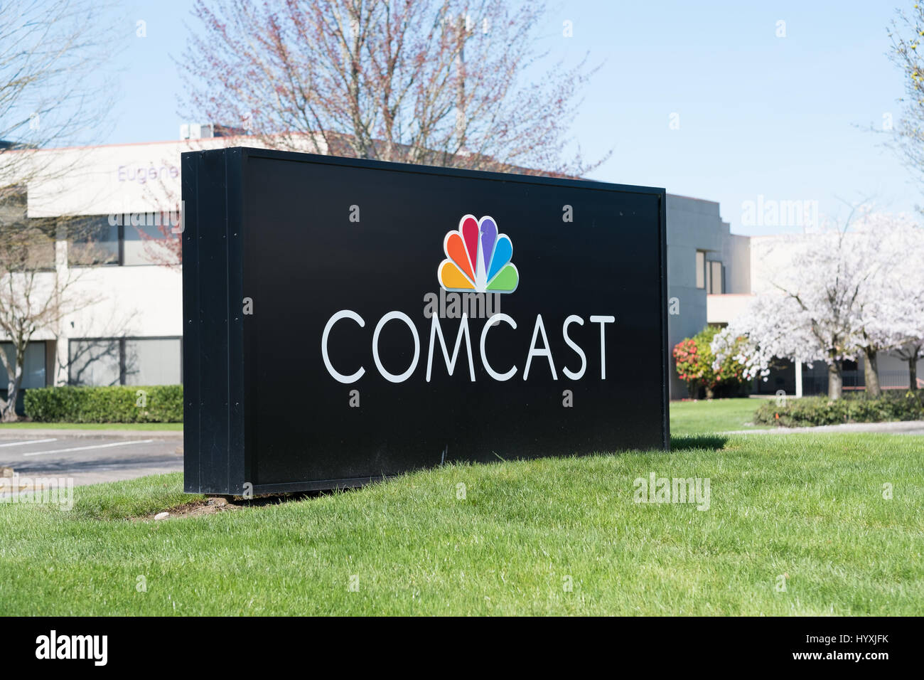 EUGENE, OR - MARCH 31, 2017: Branch sign for Comcast Cable, also known as Xfinity, in Eugene Oregon. Stock Photo