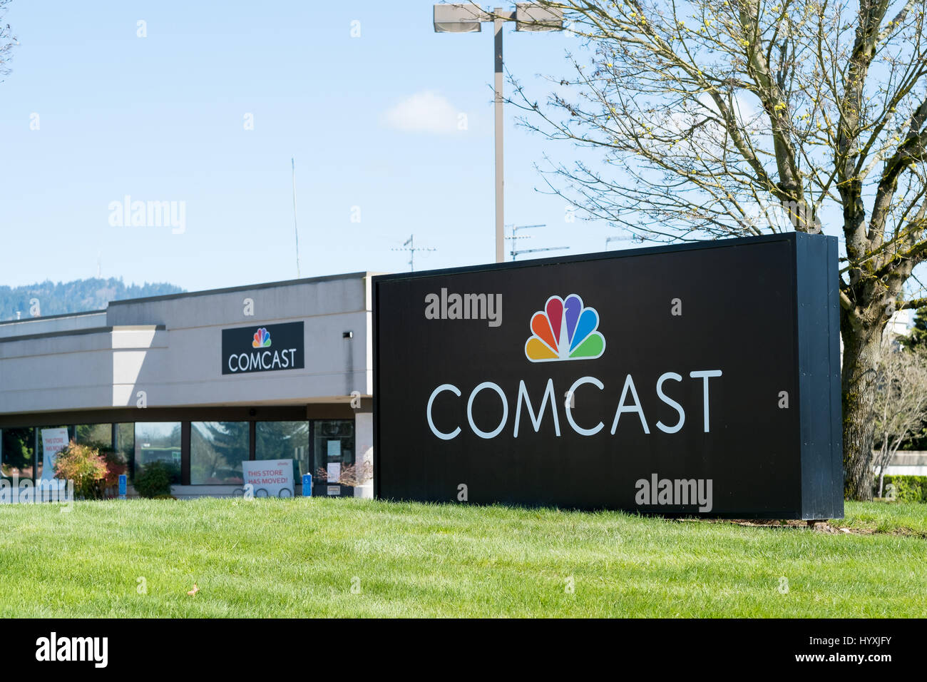 EUGENE, OR - MARCH 31, 2017: Branch sign for Comcast Cable, also known as Xfinity, in Eugene Oregon. Stock Photo