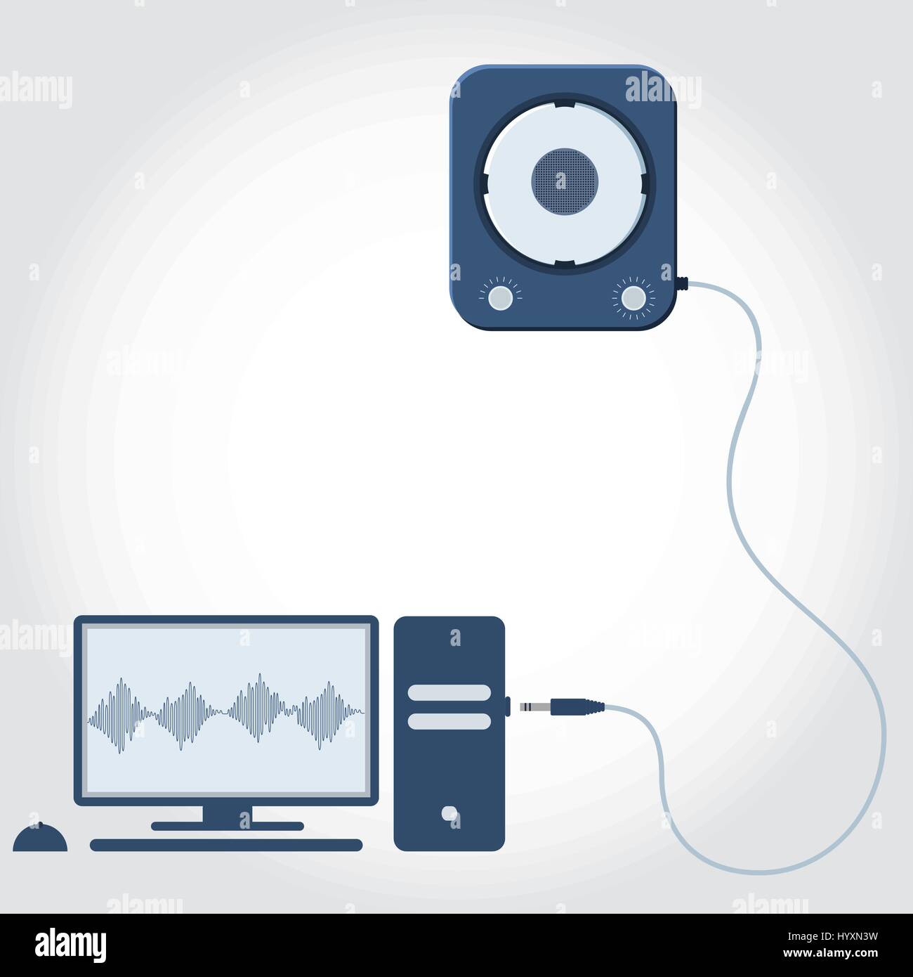 Computer with speaker unplugged. Sound wave symbol showing on monitor. Empty space for insert