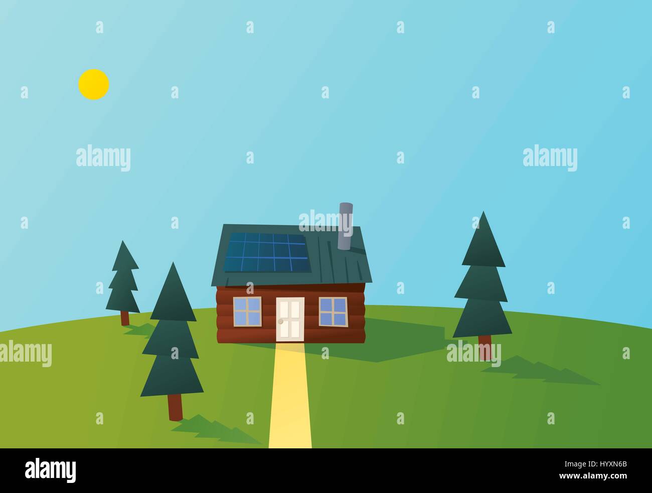 Log Cabin In The Forest With Solar Panels On The Roof Stock Vector