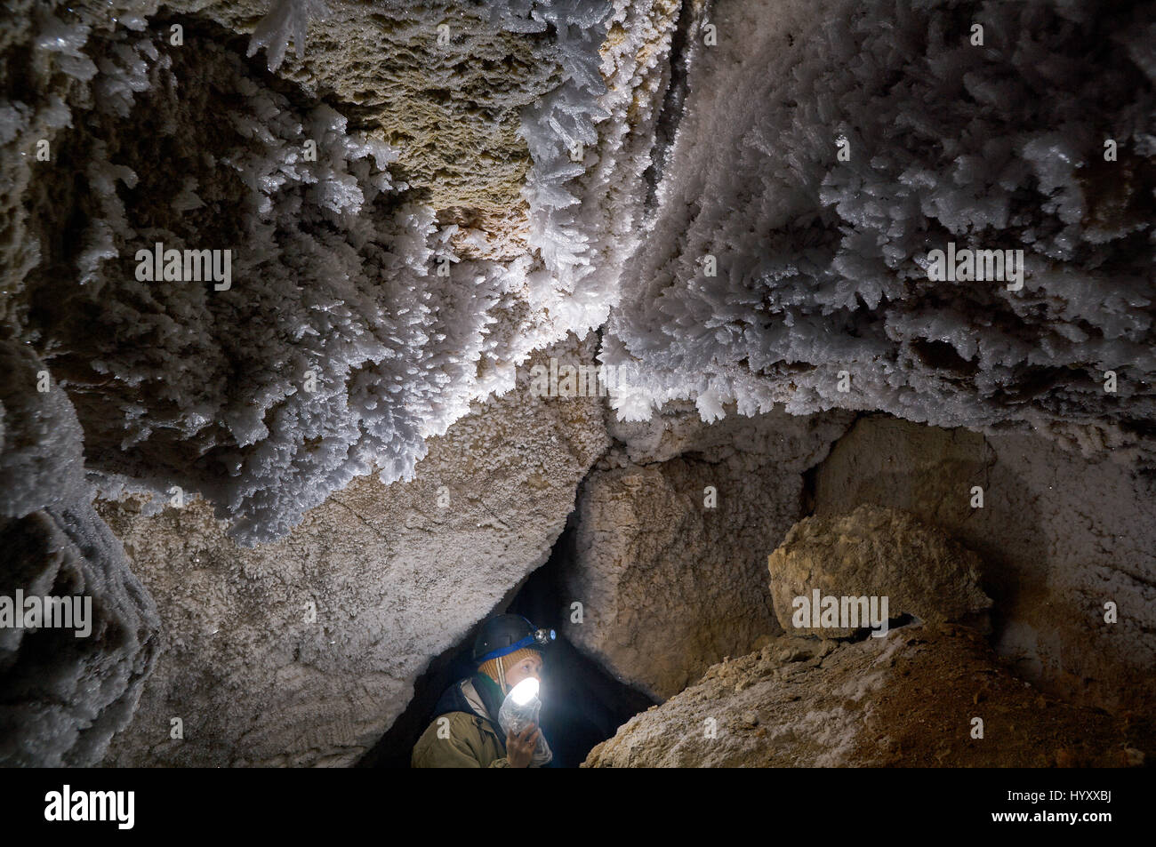 Girl speleologist. Cave in the Pinega region .Arhangelsk region Stock Photo