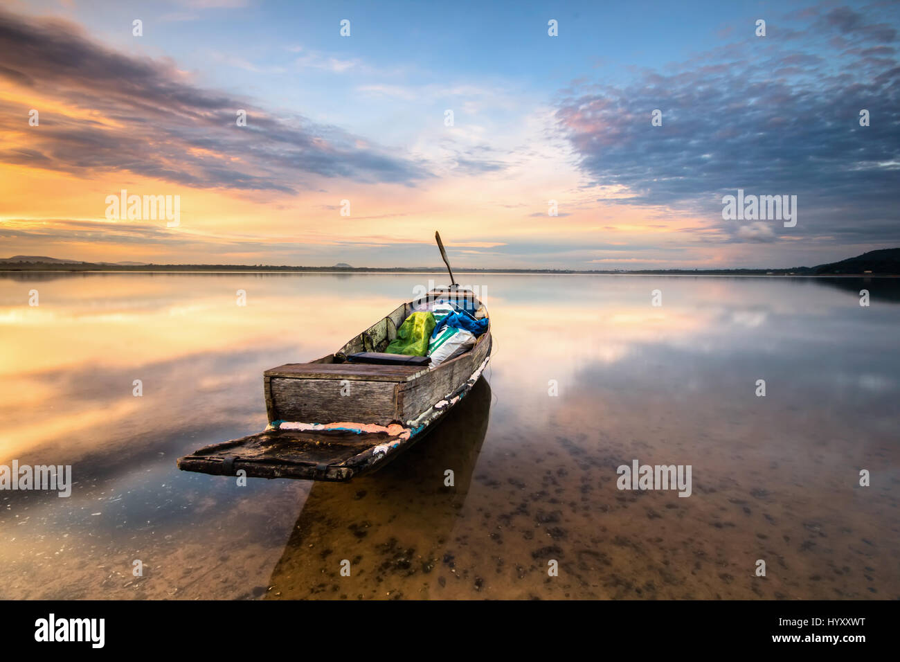 Fishing boat at fisherman village during Sunrise Stock Photo